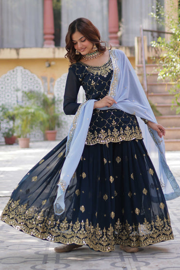 Premium Designer Kurti Plazzo Dupatta Set – Faux Blooming with Sequins Embroidery & Cutwork Dupatta