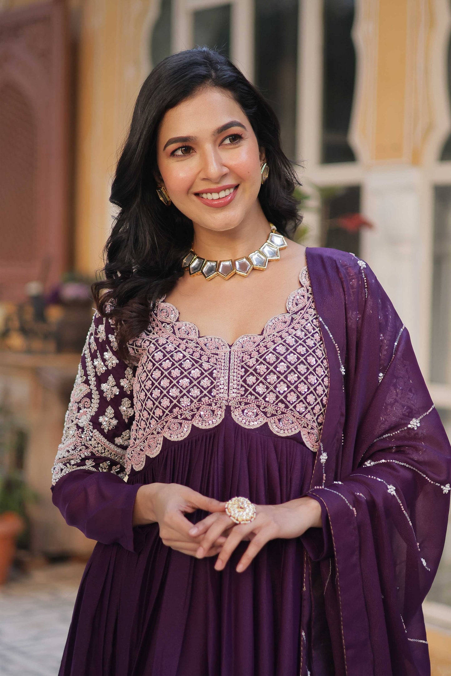 Premium Designer Readymade Gown with Dupatta – Star Georgette & Embroidery Bead Sequins Work