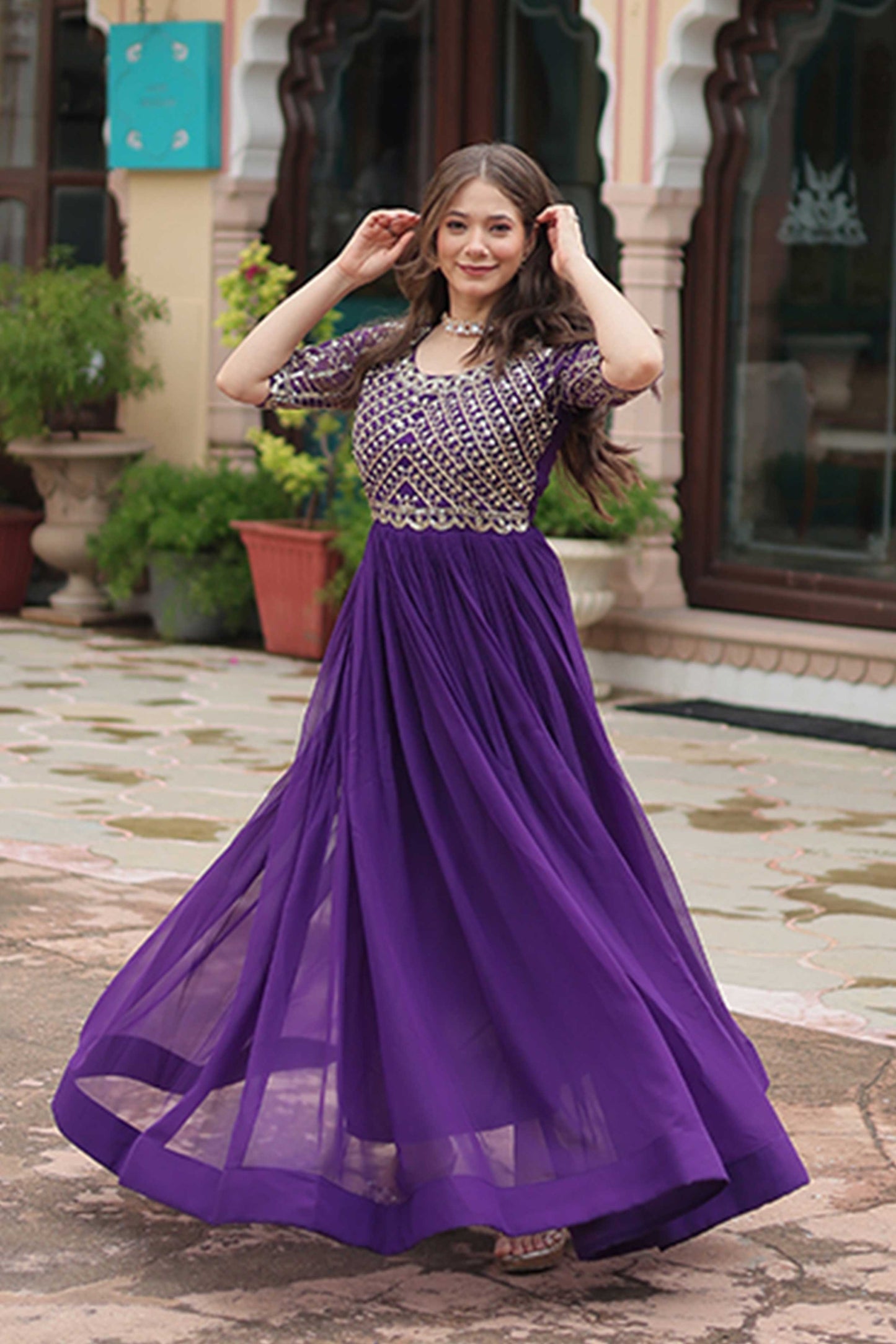 Premium Designer Readymade Gown – Faux Blooming with Zari & Sequins Embroidery