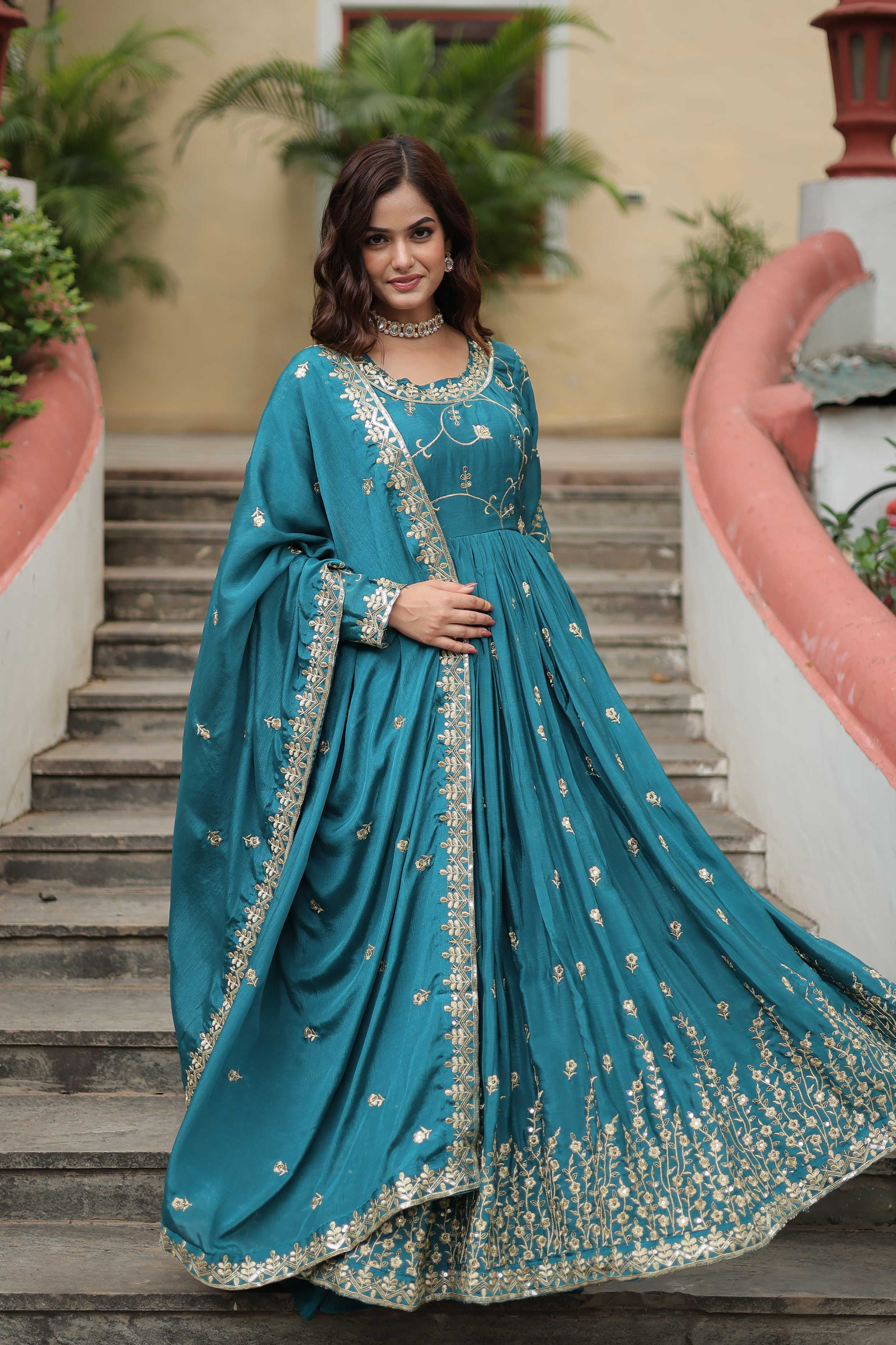 Premium Designer Top Gown Dupatta Set – Chinon With Rich Embroidery