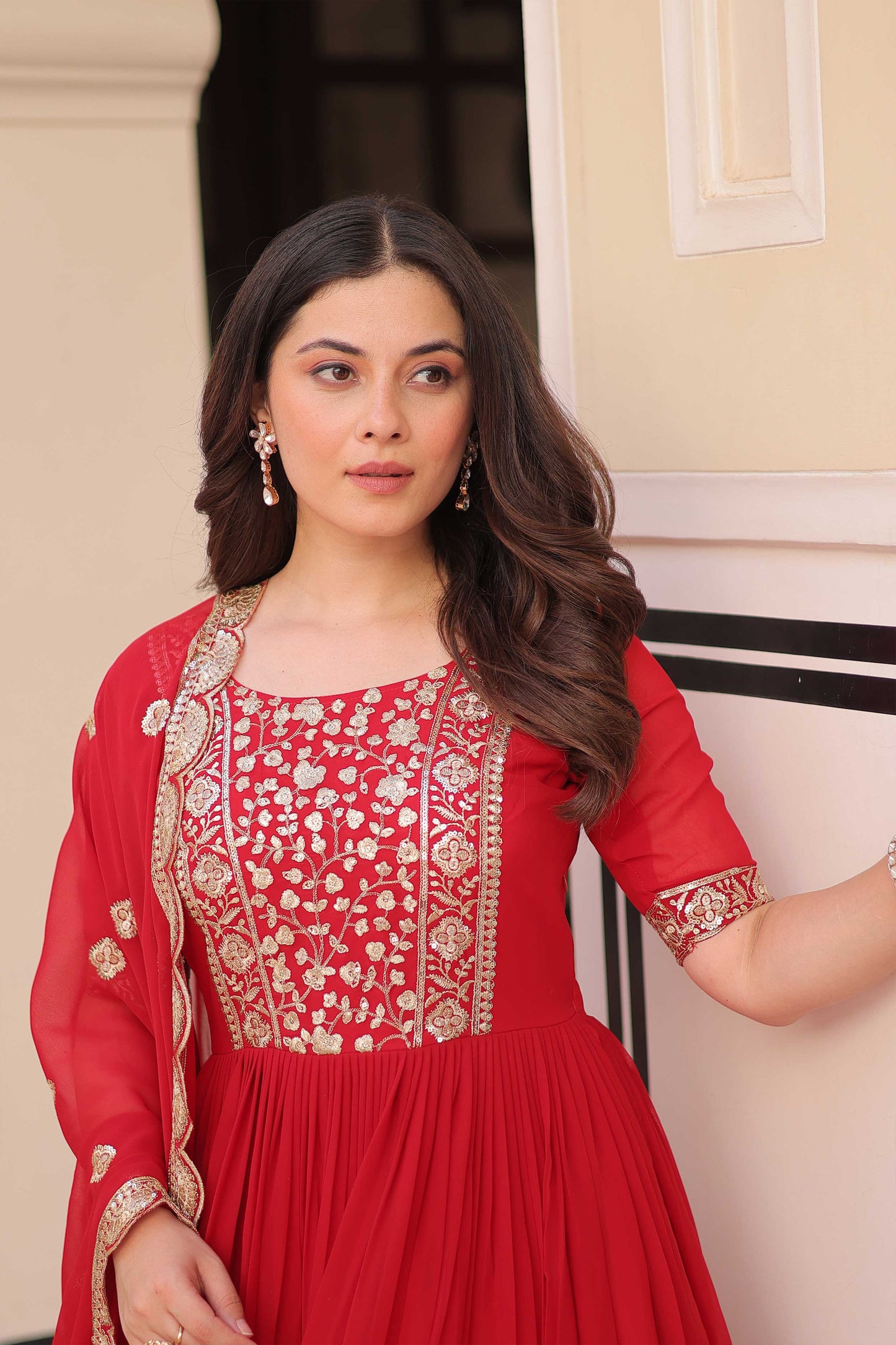 Designer Readymade Gown Set with Sequin Zari Work & Lace Dupatta