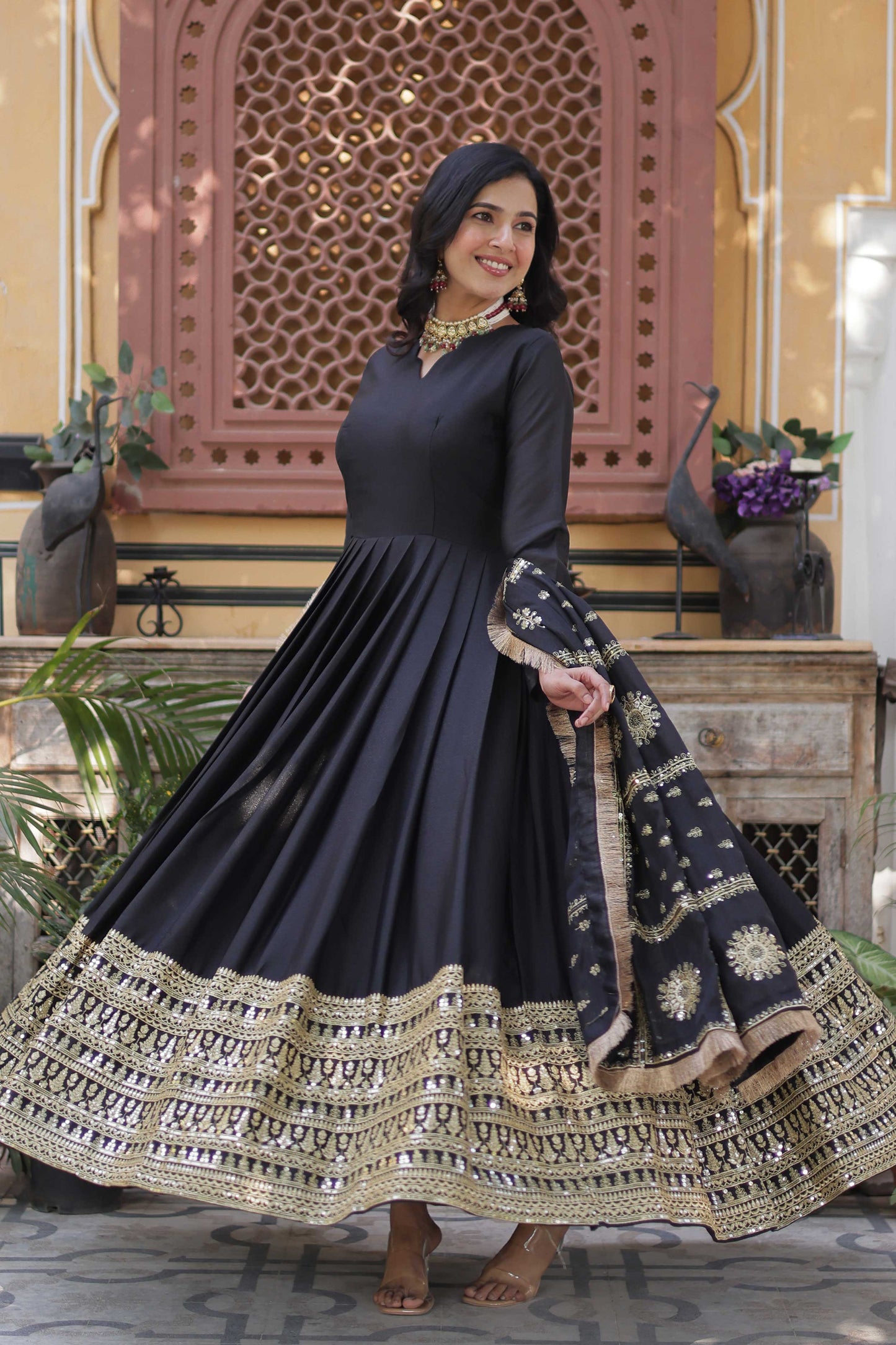 Premium Designer Star Georgette Gown with Dupatta – Zari & Sequins Embroidery