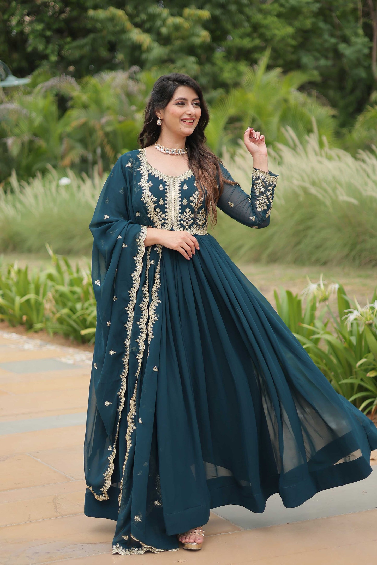 Premium Readymade Gown with Dupatta – Faux Blooming with Multi-Sequins & Zari Embroidery