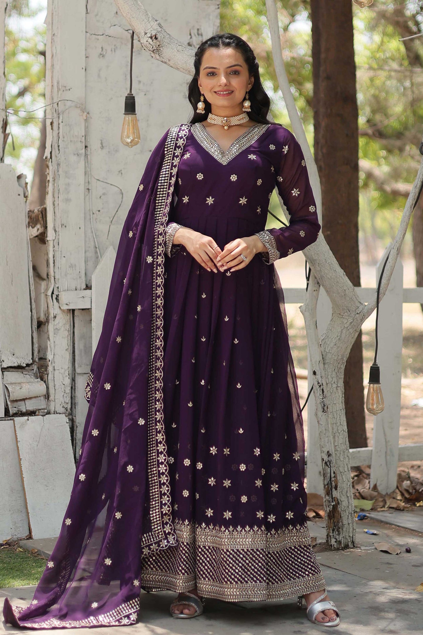 Women’s Floral Embroidered Pleated Sequins Kurta with Churidar & Dupatta – Faux Blooming Fabric
