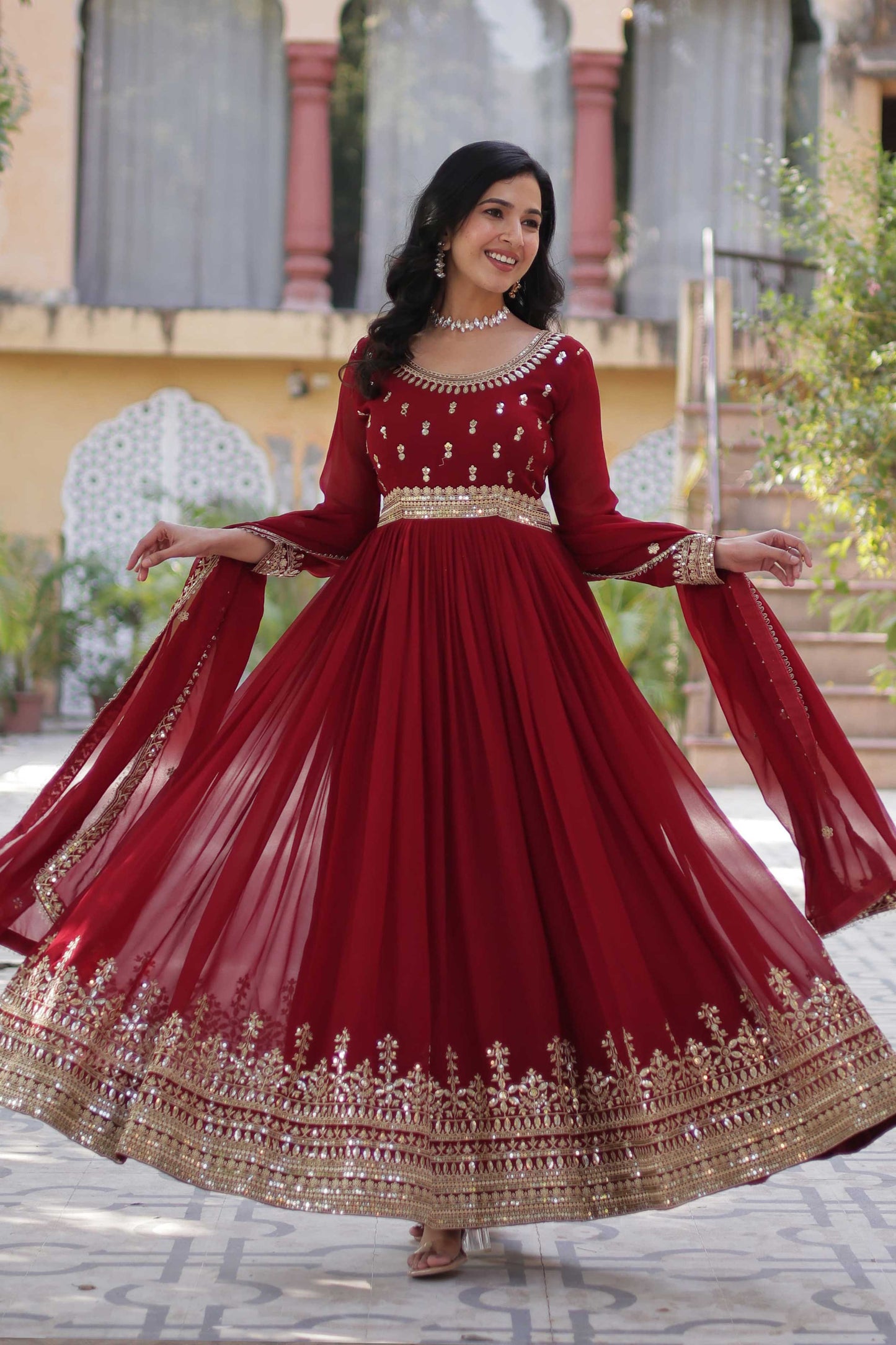 Elegant Faux Blooming Embroidered Gown with Dupatta – Zari & Sequins Work