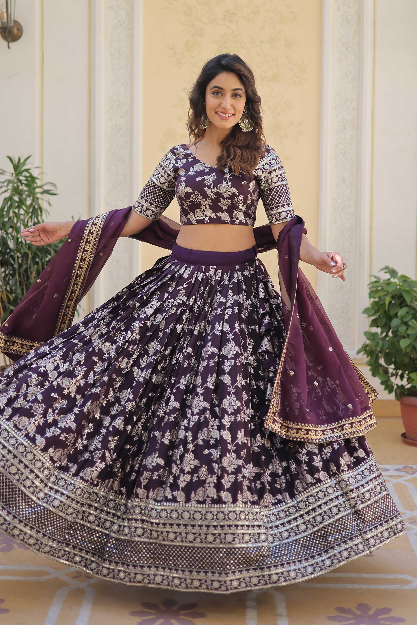 Designer Dyeable Viscose Jacquard Lehenga Choli & Dupatta Set – Sequins Embroidery & Russian Silk Dupatta