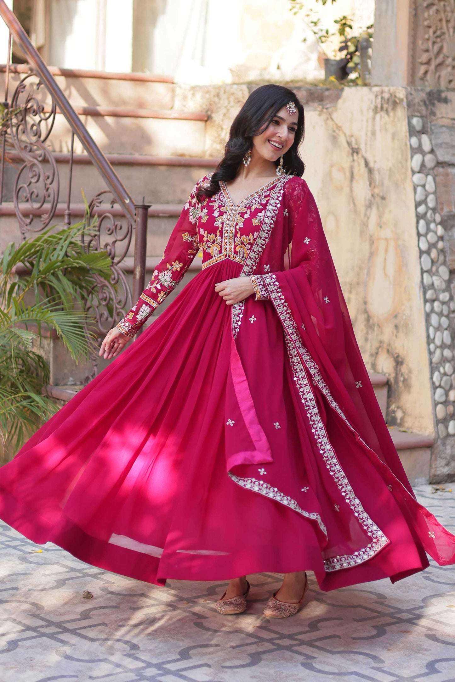 Premium Designer Readymade Gown with Dupatta – Zari & Sequins Embroidery
