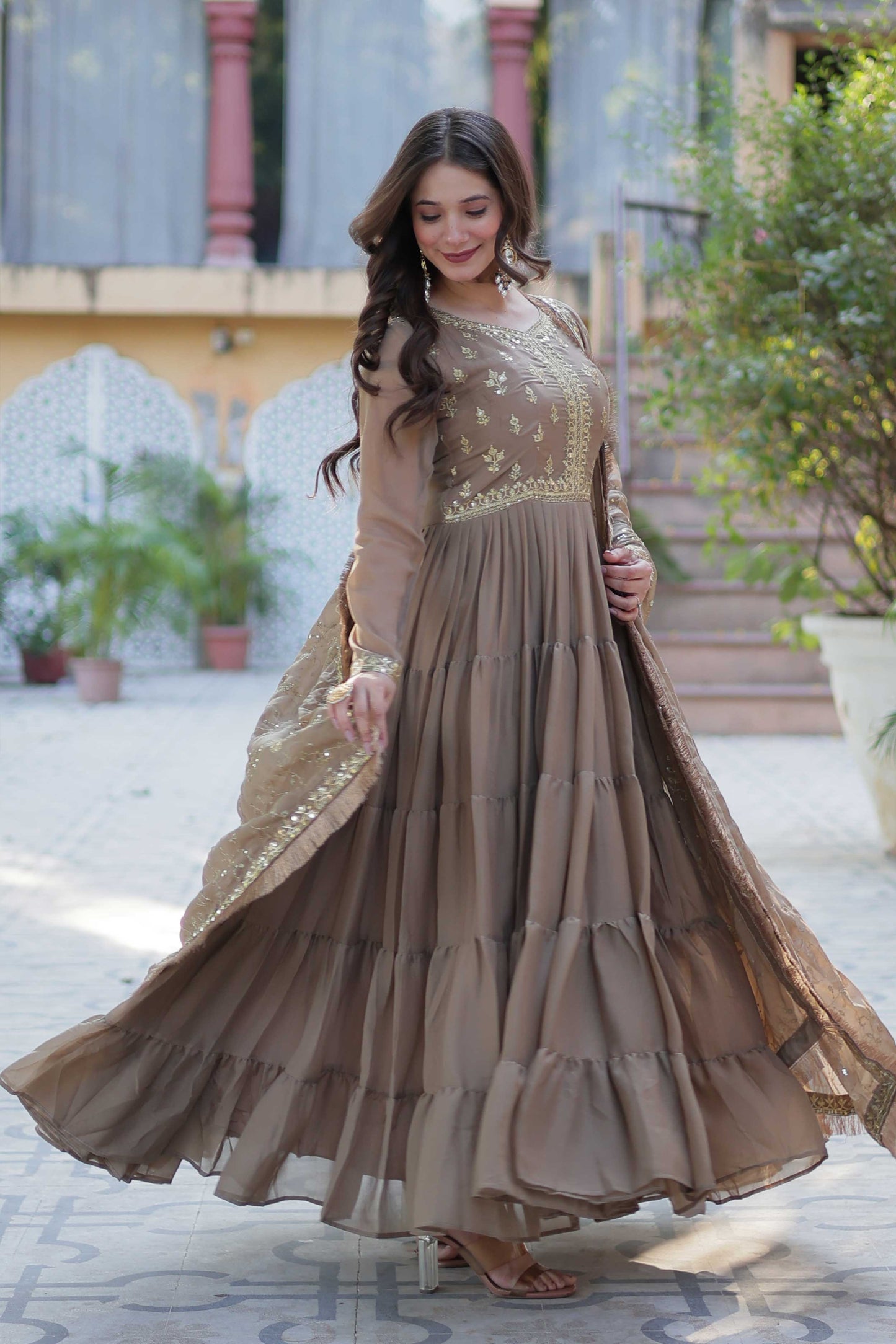 Women's Fully Flared Star Georgette Gown with Embroidered Dupatta – 15-Meter Flair & 5-Layer Frill Stitching