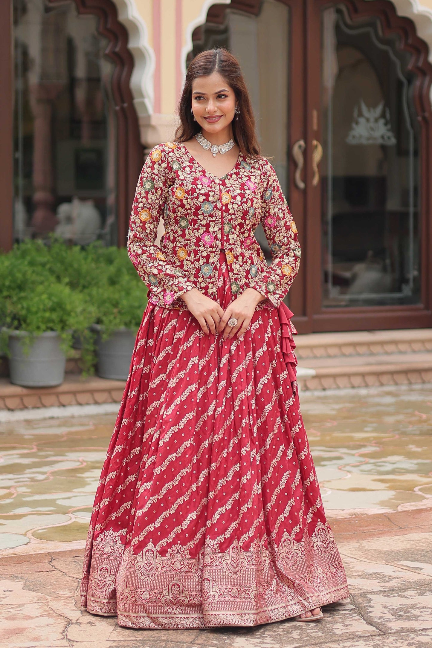 Premium Designer Sequins Embroidered Readymade Co-ord Set – Peplum Top & Flared Lehenga Free size (42')