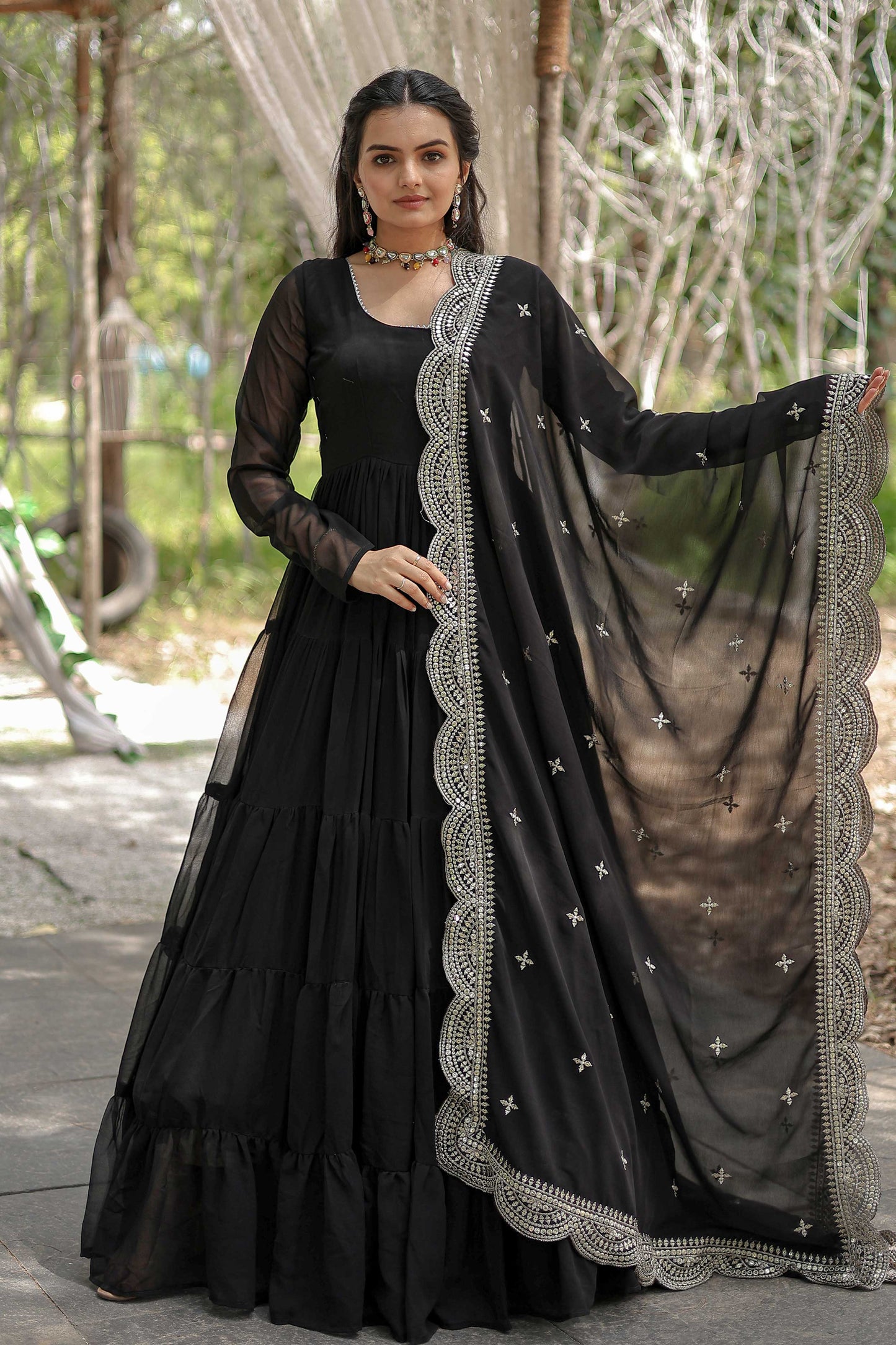 Desirable Women’s Gown with Designer Embroidered Dupatta – Faux Blooming Fabric & 12-Meter Flair