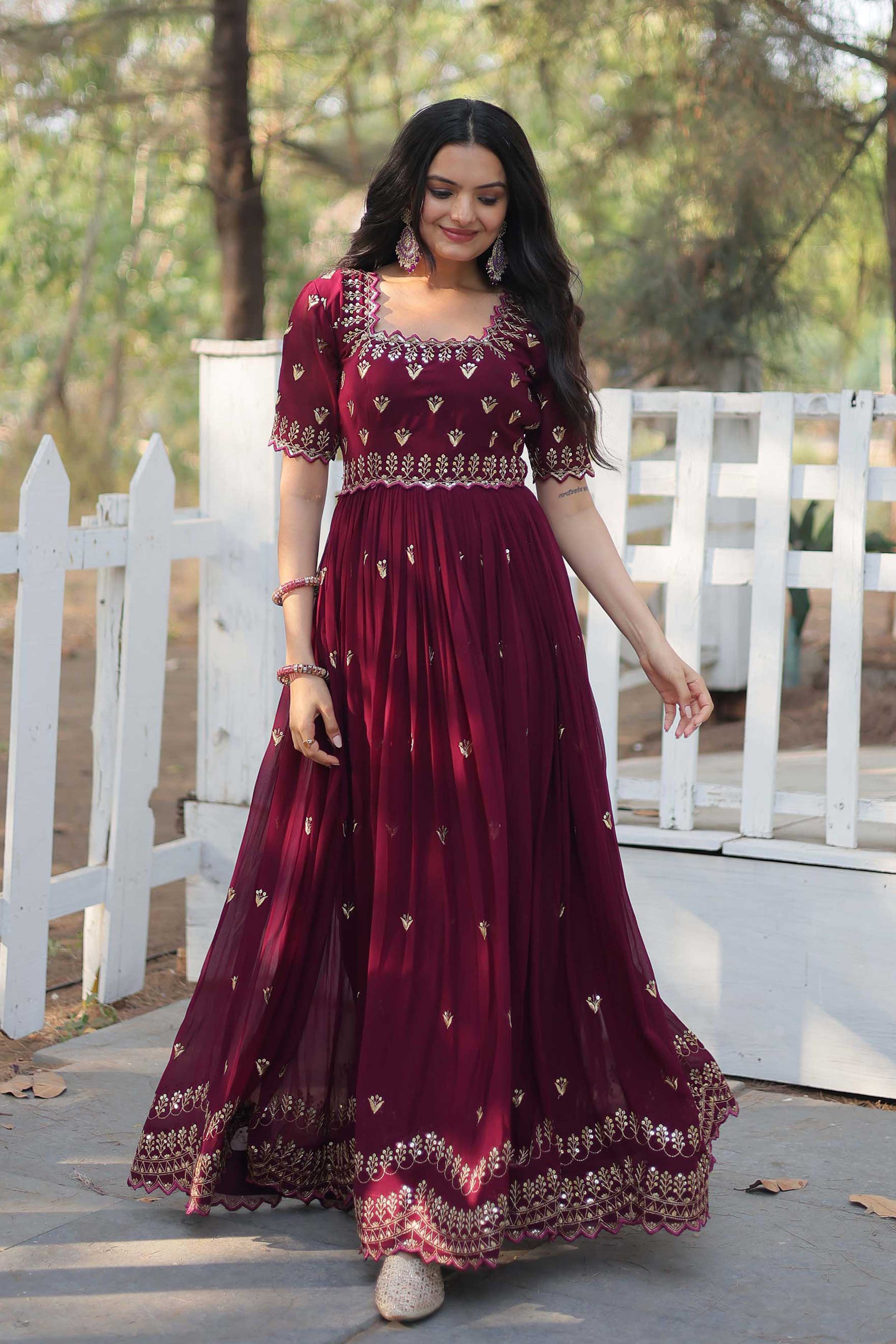 Brown Sequins Embroidered Readymade Anarkali Gown – Faux Blooming with Zari Work