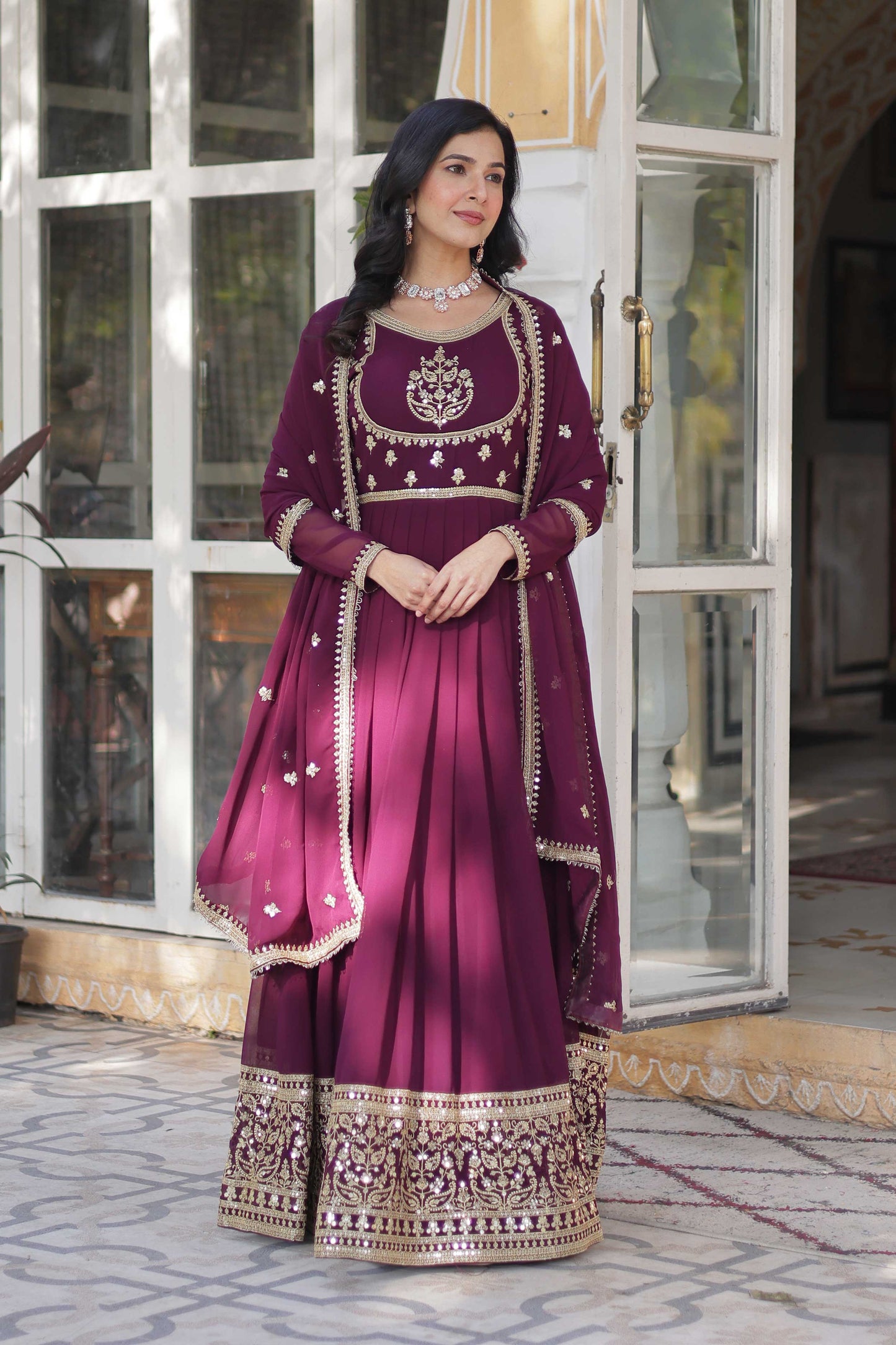 Faux Blooming Georgette Embroidered Gown with Dupatta β Rich Sequins Work & Lace Border