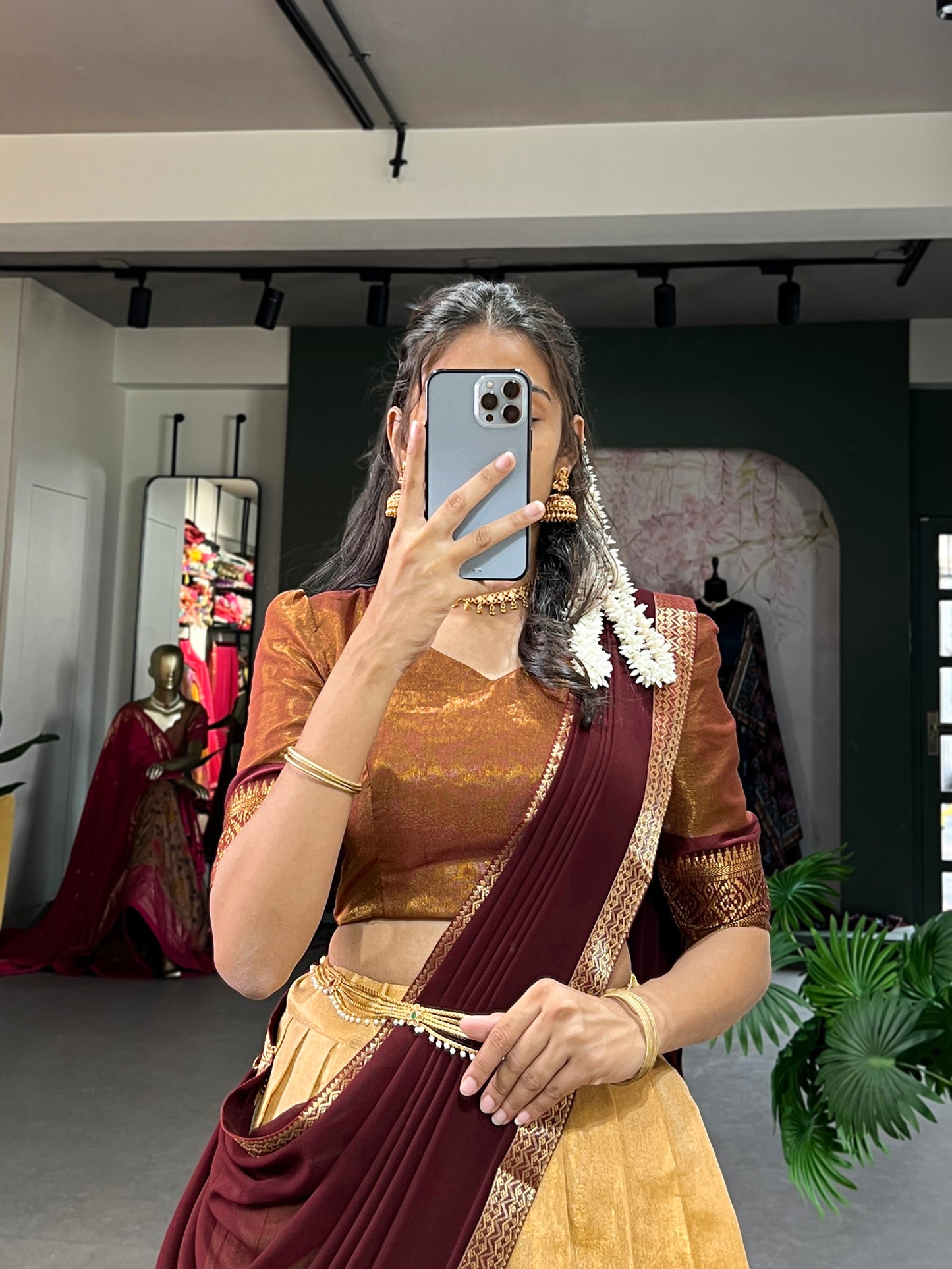 Crafted with Love, Adorned with Heritage – South Style Kanchipuram Silk Lehenga with Zari Weaving and Graceful Dupatta