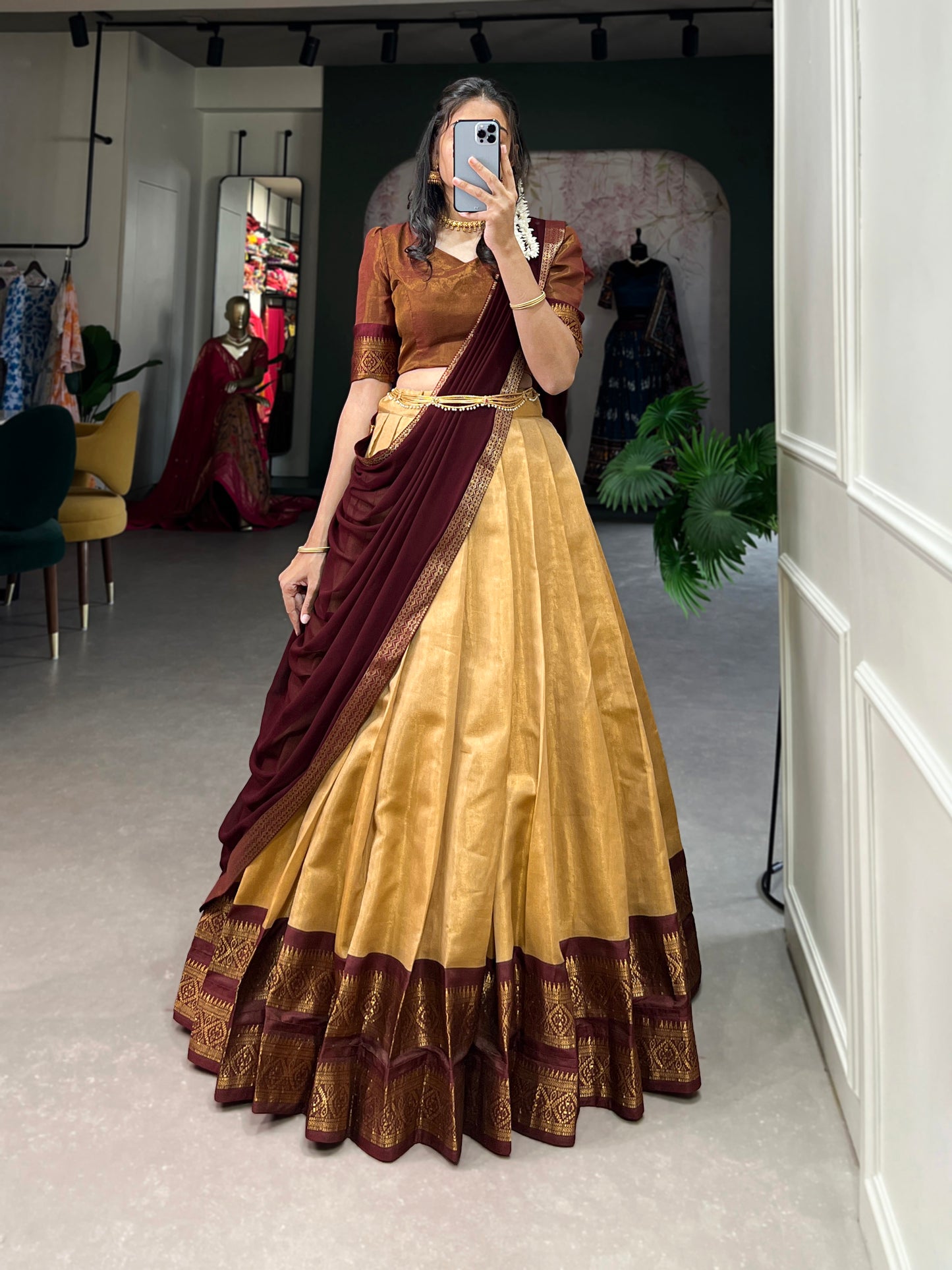 Crafted with Love, Adorned with Heritage – South Style Kanchipuram Silk Lehenga with Zari Weaving and Graceful Dupatta
