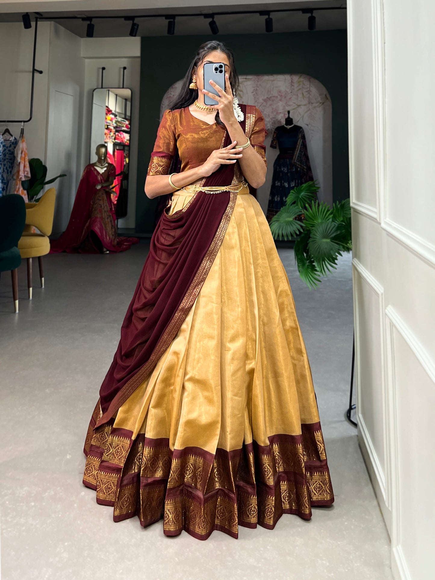 Crafted with Love, Adorned with Heritage – South Style Kanchipuram Silk Lehenga with Zari Weaving and Graceful Dupatta