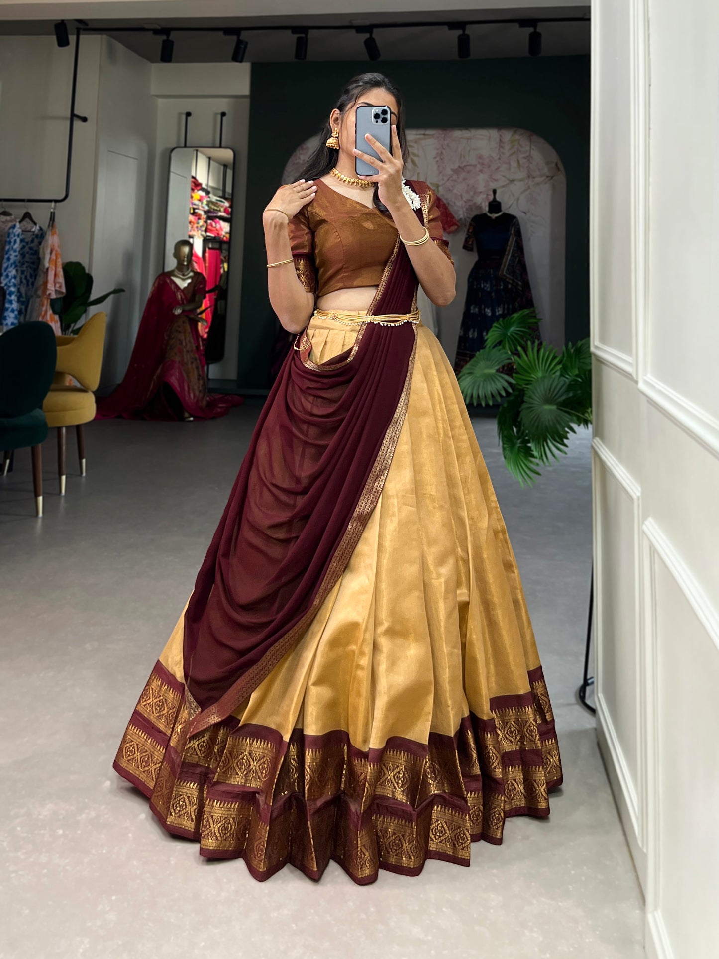 Crafted with Love, Adorned with Heritage – South Style Kanchipuram Silk Lehenga with Zari Weaving and Graceful Dupatta