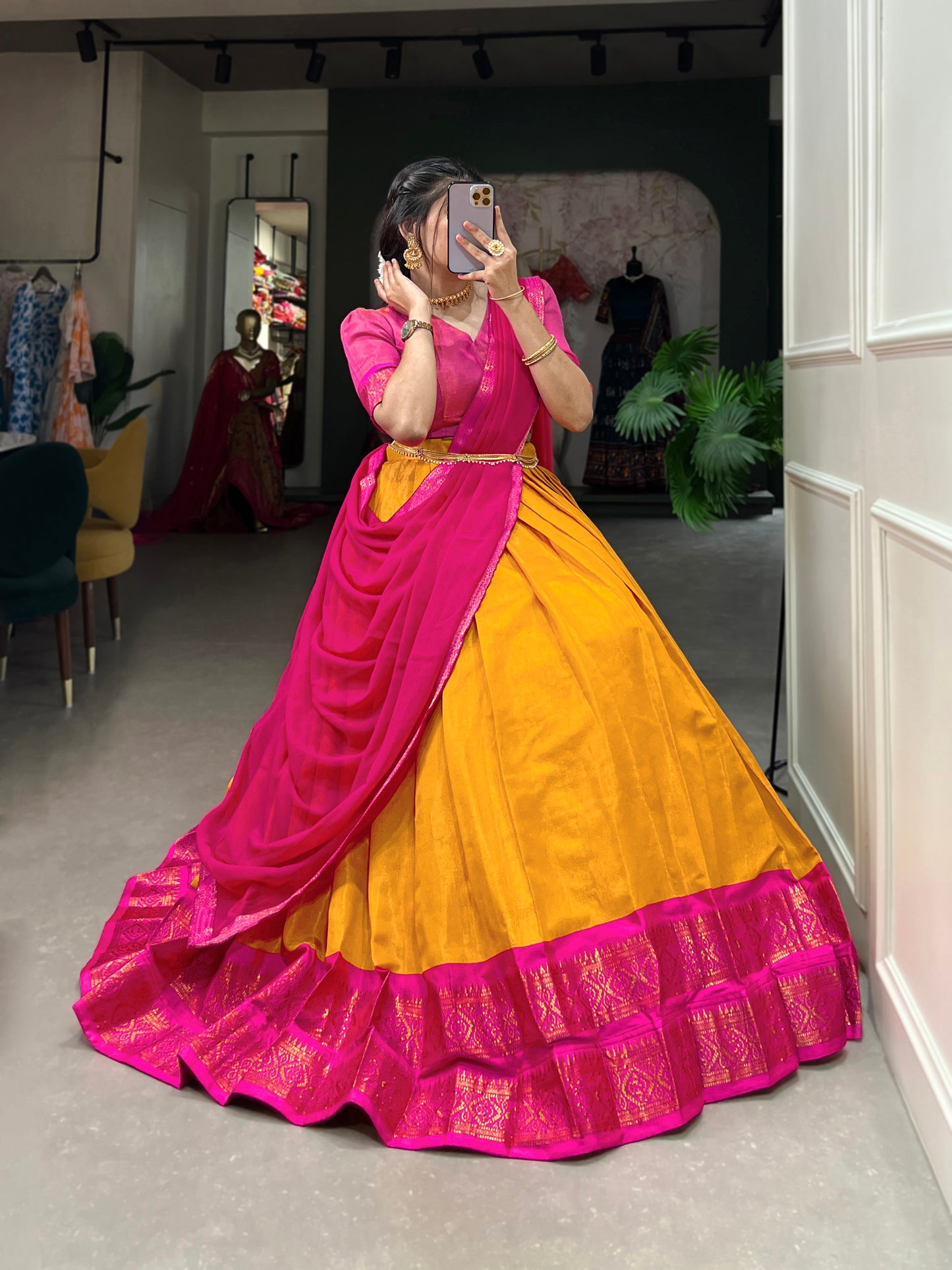 Crafted with Love, Adorned with Heritage – South Style Kanchipuram Silk Lehenga with Zari Weaving and Graceful Dupatta