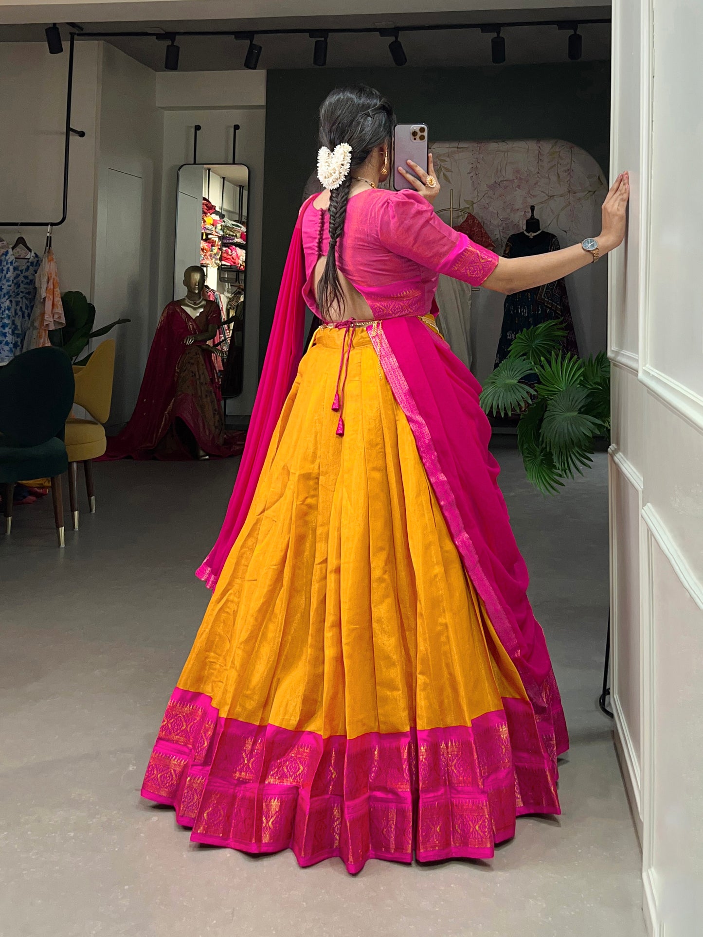 Crafted with Love, Adorned with Heritage – South Style Kanchipuram Silk Lehenga with Zari Weaving and Graceful Dupatta