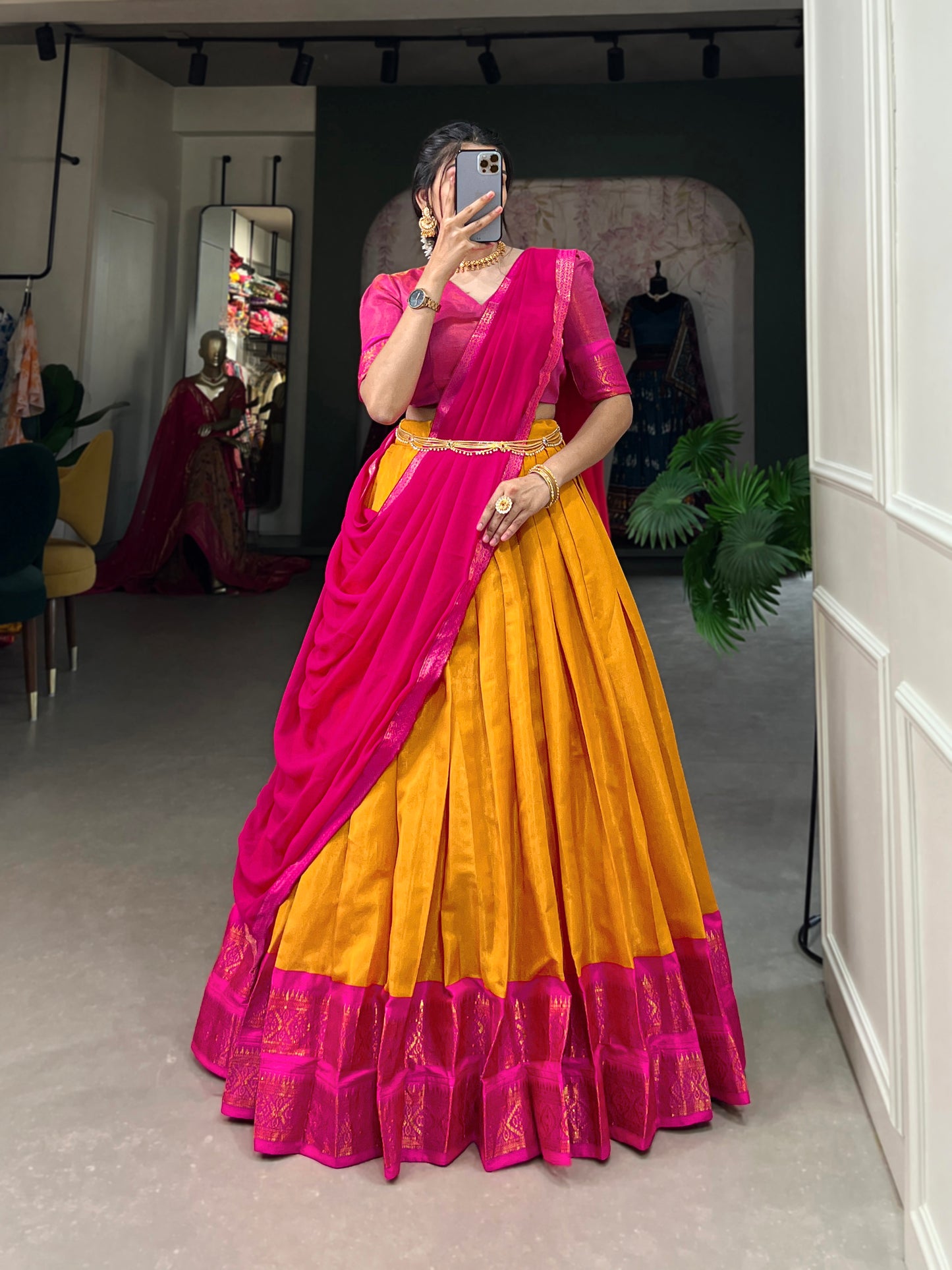 Crafted with Love, Adorned with Heritage – South Style Kanchipuram Silk Lehenga with Zari Weaving and Graceful Dupatta