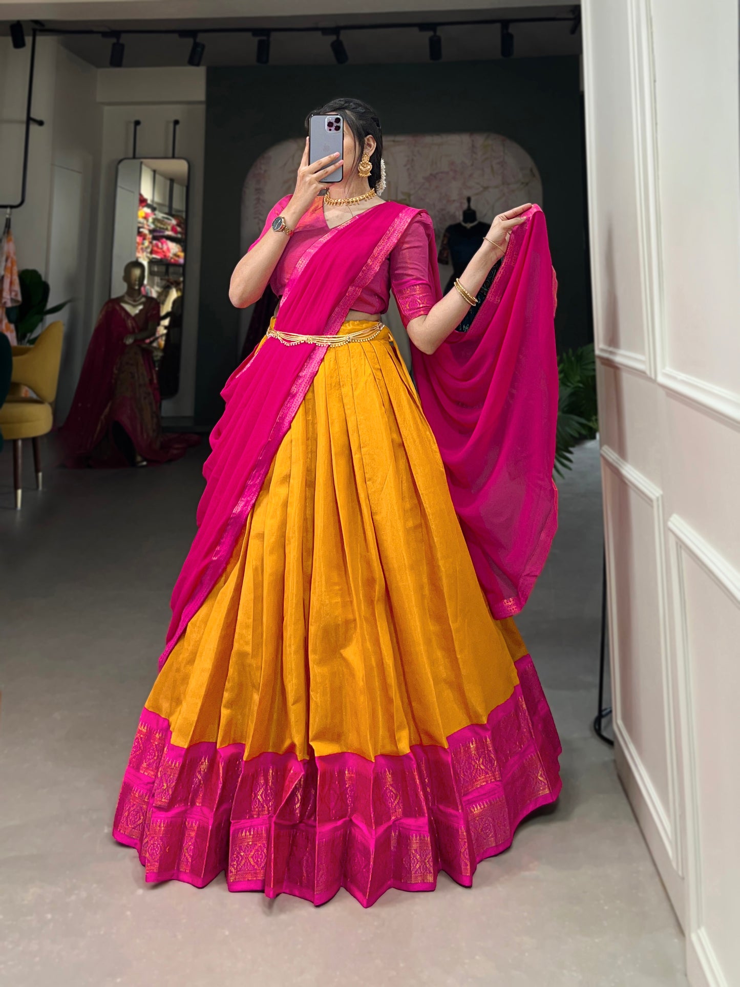 Crafted with Love, Adorned with Heritage – South Style Kanchipuram Silk Lehenga with Zari Weaving and Graceful Dupatta