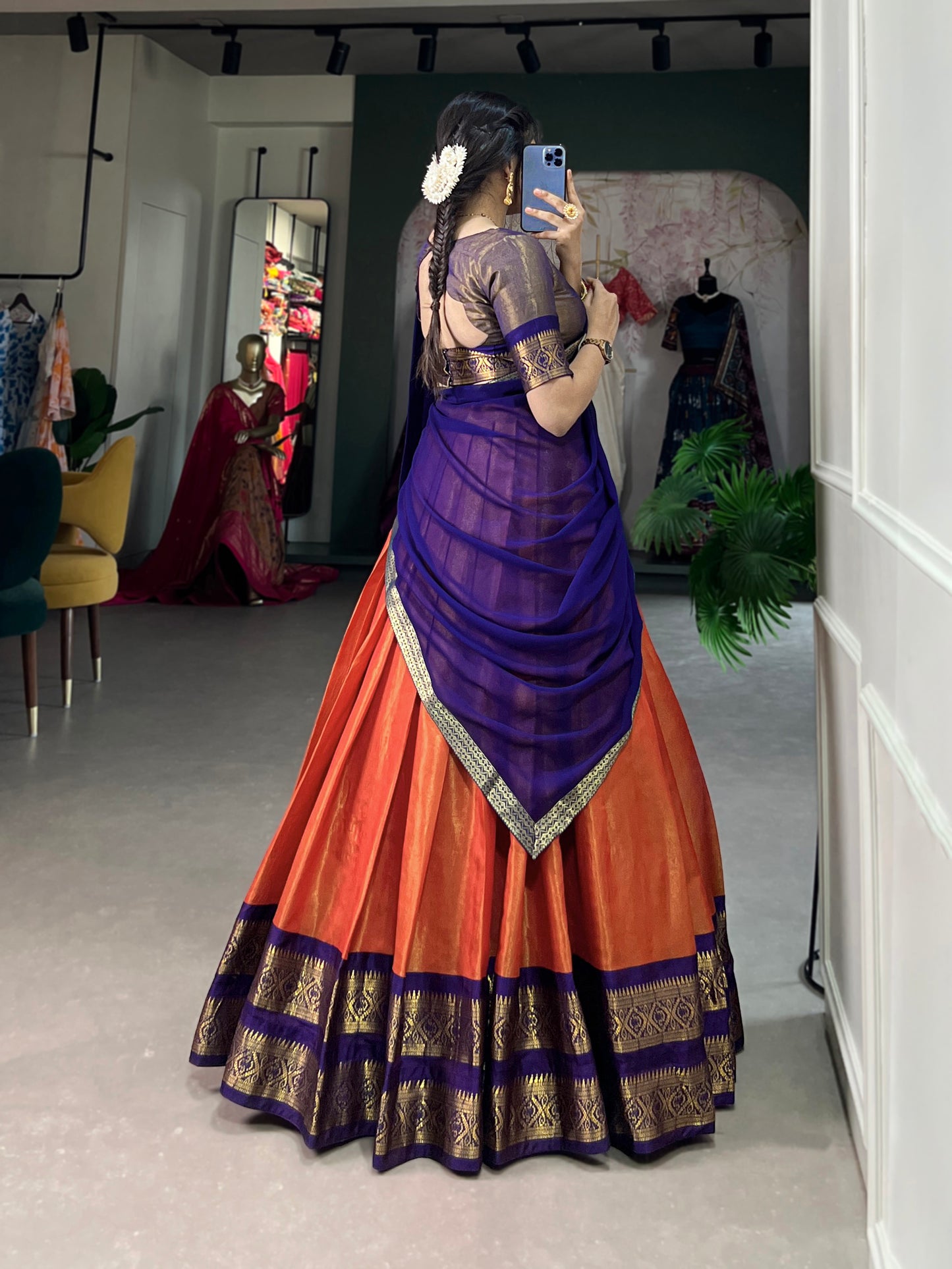Crafted with Love, Adorned with Heritage – South Style Kanchipuram Silk Lehenga with Zari Weaving and Graceful Dupatta