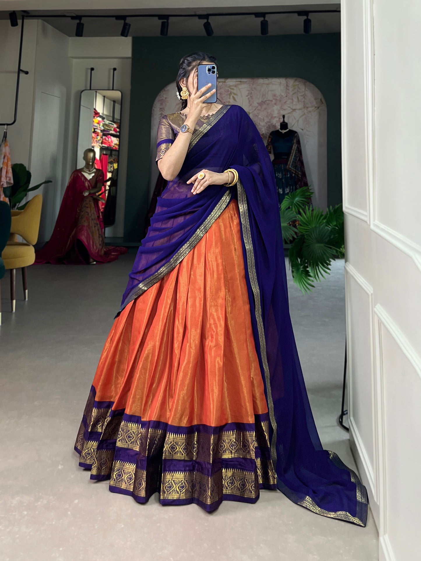Crafted with Love, Adorned with Heritage – South Style Kanchipuram Silk Lehenga with Zari Weaving and Graceful Dupatta
