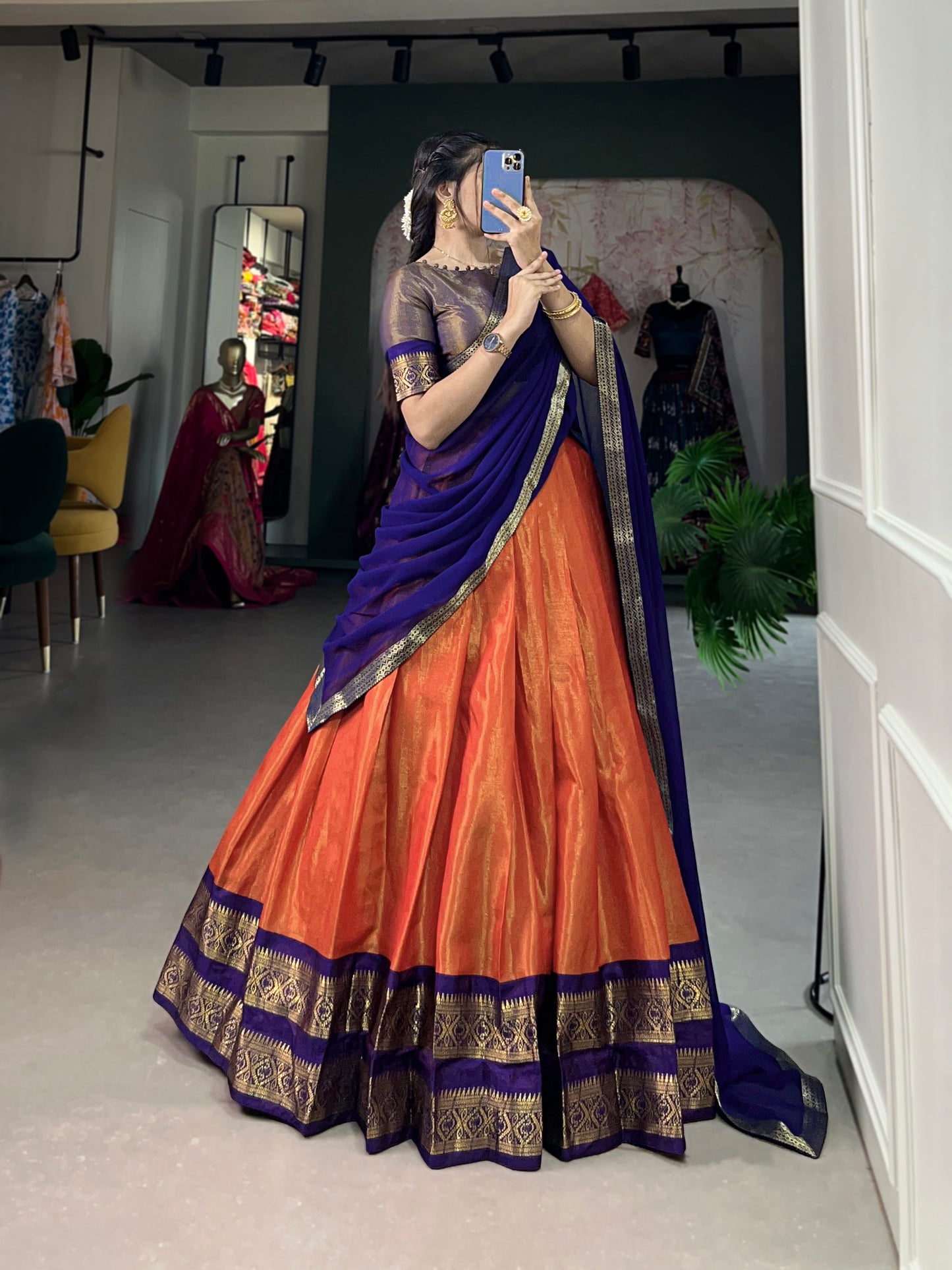 Crafted with Love, Adorned with Heritage – South Style Kanchipuram Silk Lehenga with Zari Weaving and Graceful Dupatta