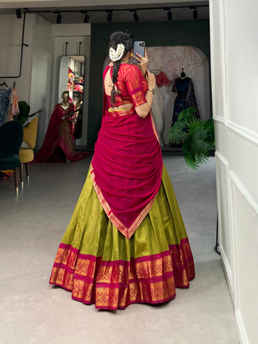 Crafted with Love, Adorned with Heritage – South Style Kanchipuram Silk Lehenga with Zari Weaving and Graceful Dupatta