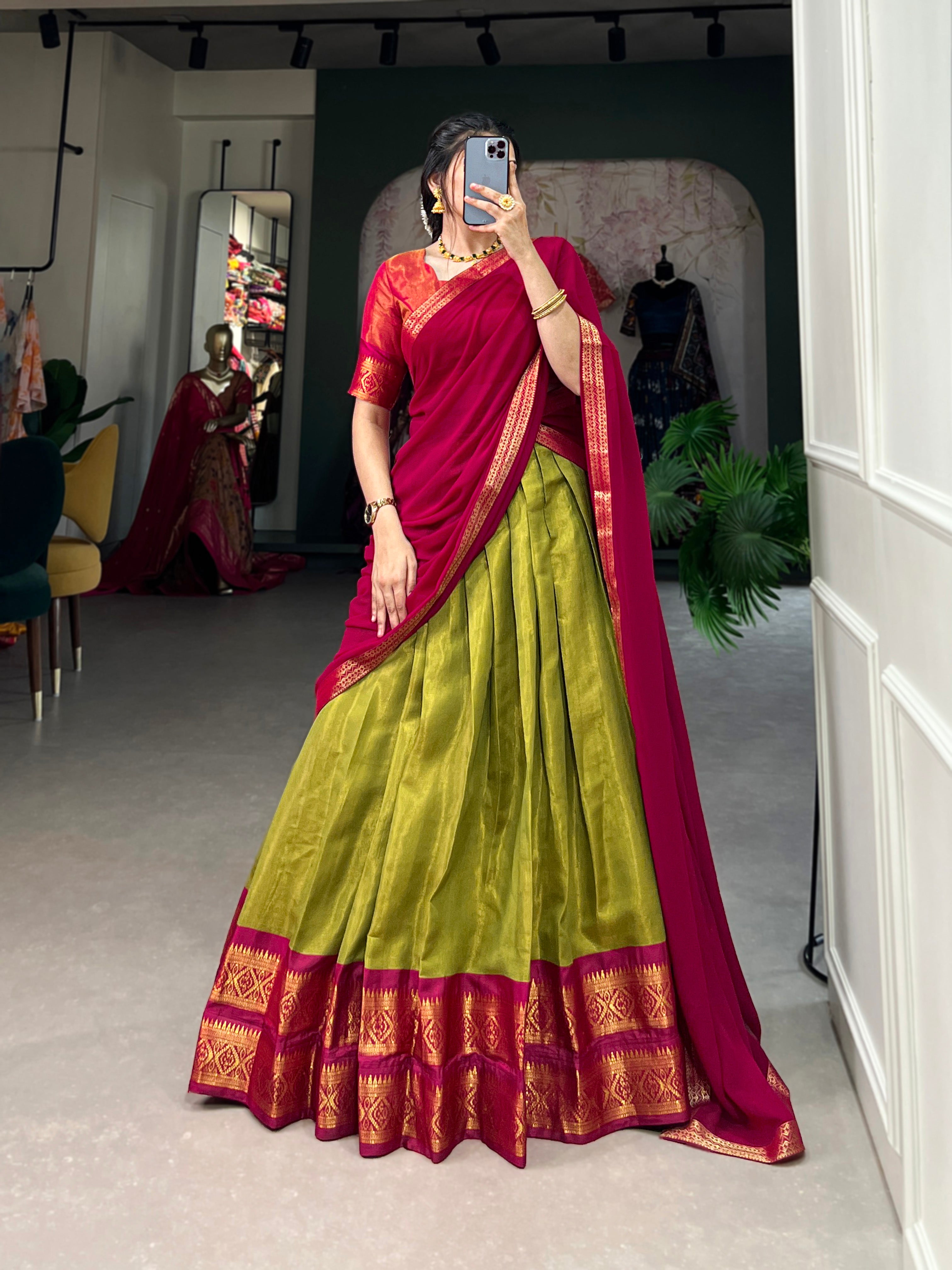 Crafted with Love, Adorned with Heritage – South Style Kanchipuram Silk Lehenga with Zari Weaving and Graceful Dupatta