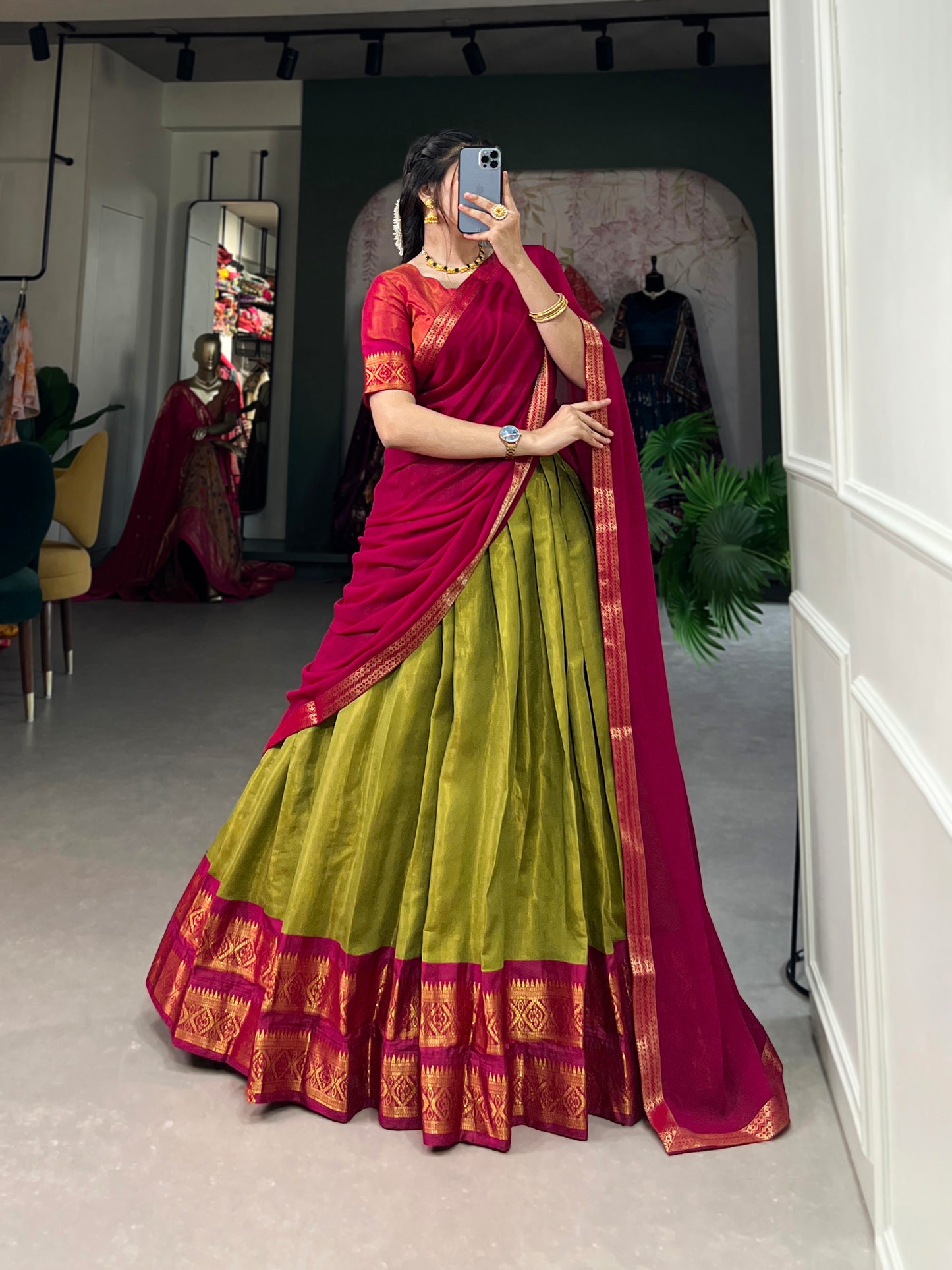 Crafted with Love, Adorned with Heritage – South Style Kanchipuram Silk Lehenga with Zari Weaving and Graceful Dupatta
