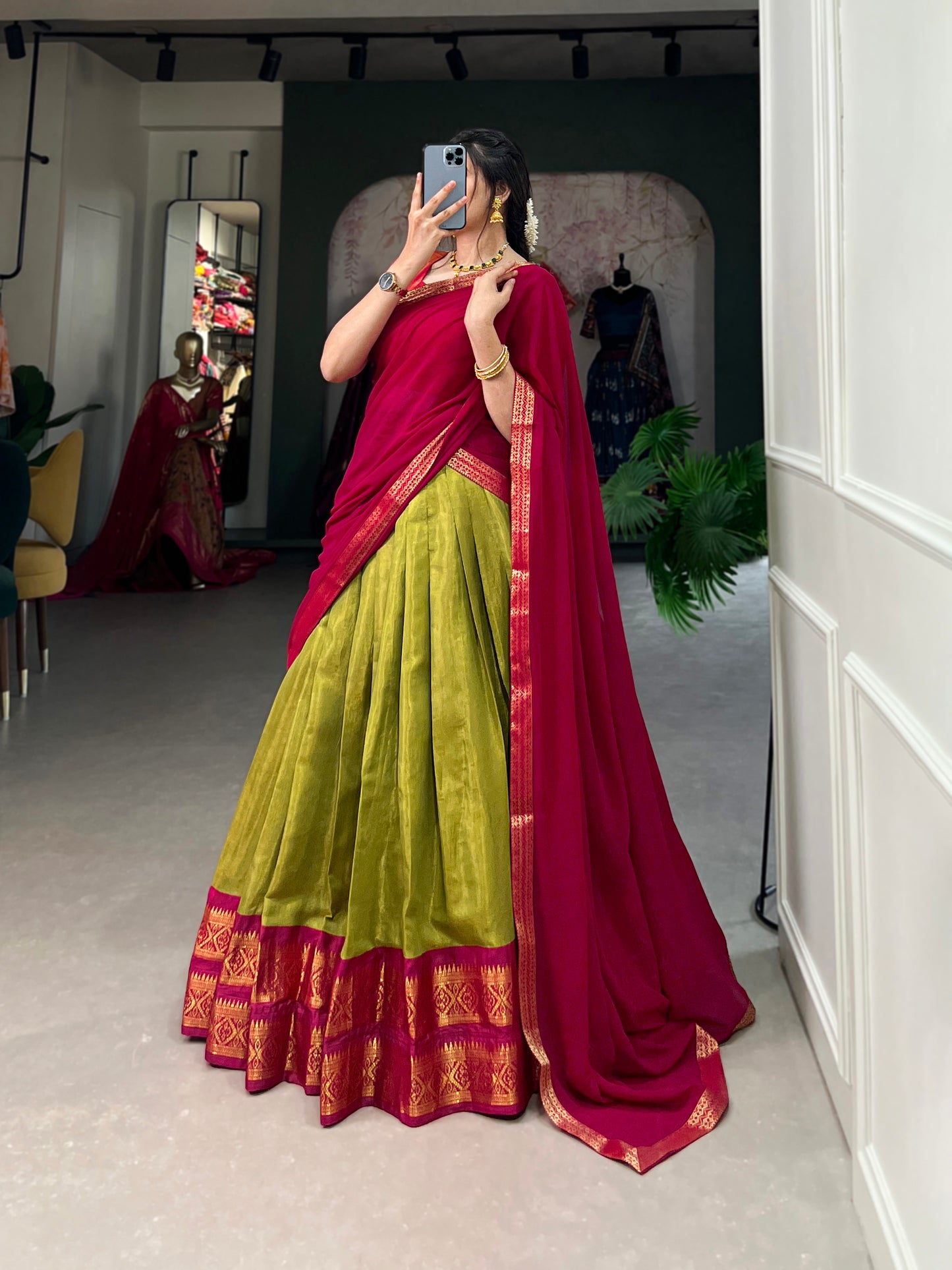 Crafted with Love, Adorned with Heritage – South Style Kanchipuram Silk Lehenga with Zari Weaving and Graceful Dupatta