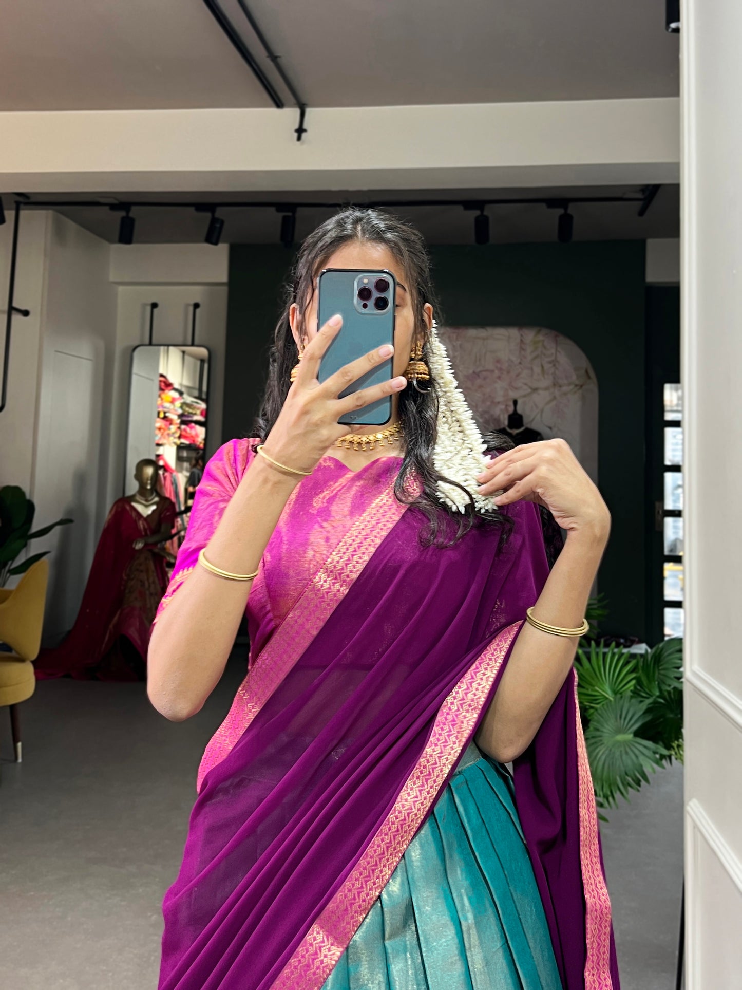 Crafted with Love, Adorned with Heritage – South Style Kanchipuram Silk Lehenga with Zari Weaving and Graceful Dupatta