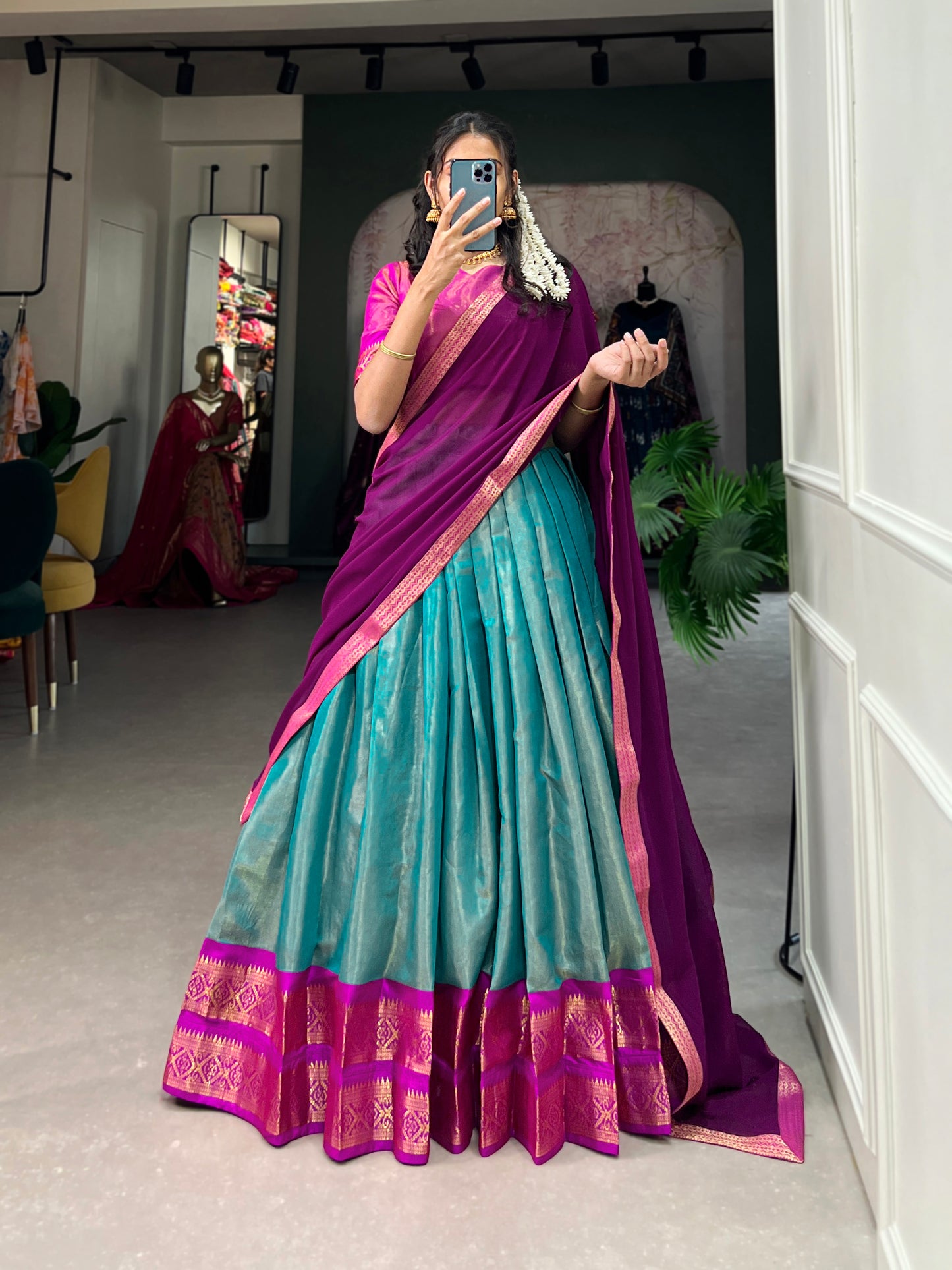 Crafted with Love, Adorned with Heritage – South Style Kanchipuram Silk Lehenga with Zari Weaving and Graceful Dupatta