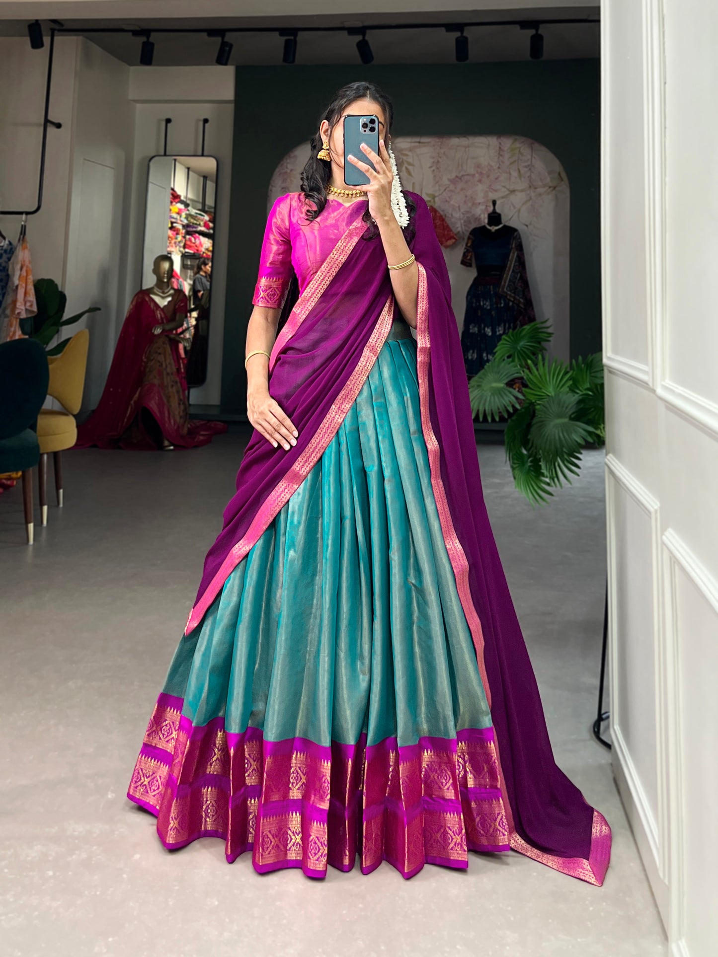 Crafted with Love, Adorned with Heritage – South Style Kanchipuram Silk Lehenga with Zari Weaving and Graceful Dupatta