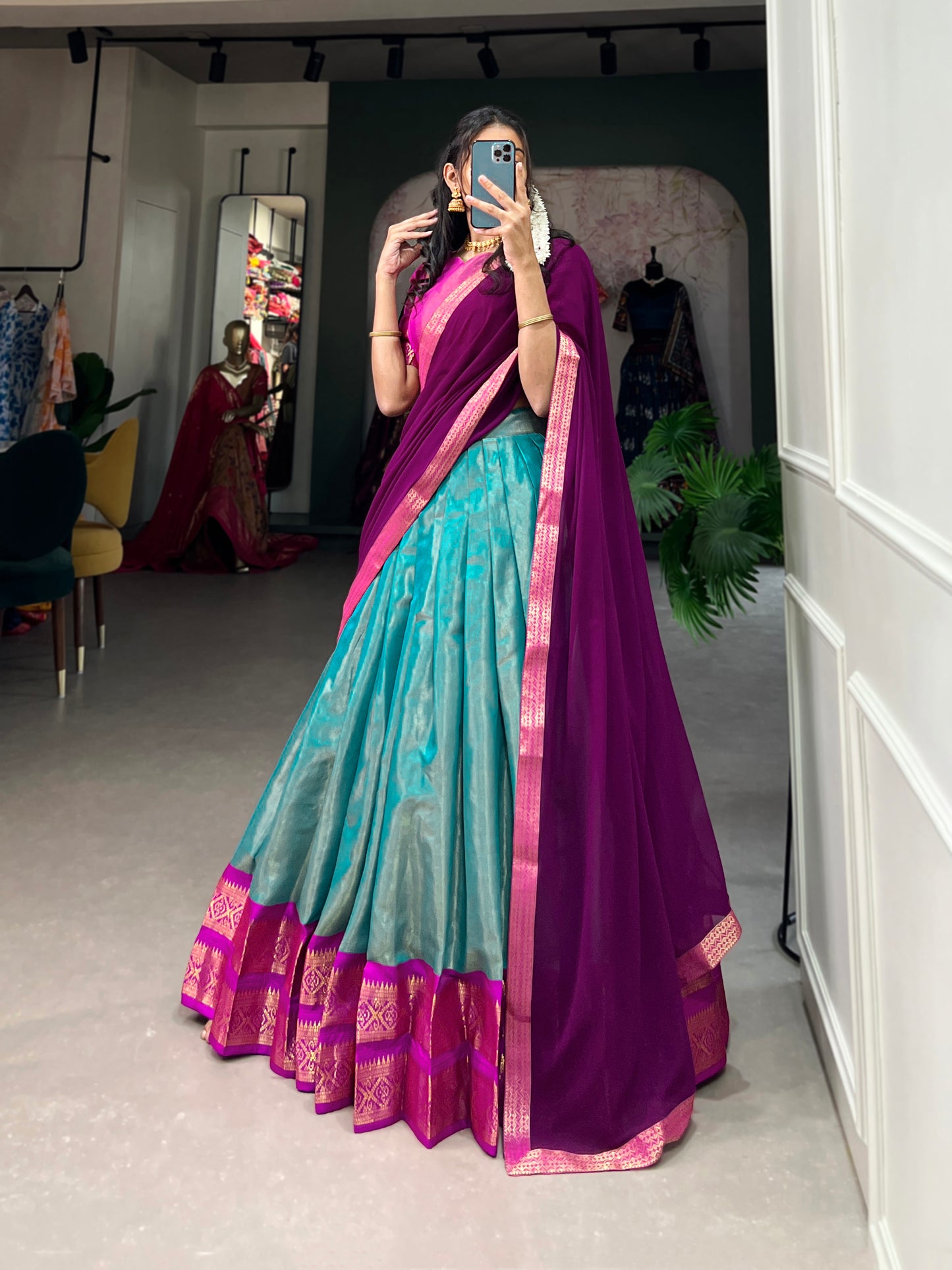 Crafted with Love, Adorned with Heritage – South Style Kanchipuram Silk Lehenga with Zari Weaving and Graceful Dupatta