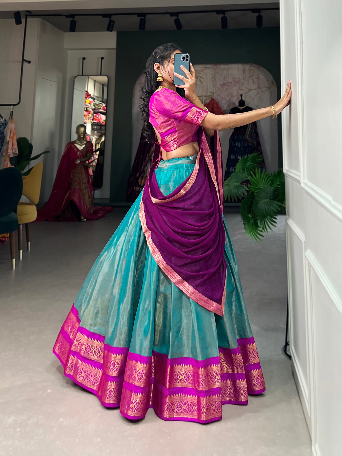 Crafted with Love, Adorned with Heritage – South Style Kanchipuram Silk Lehenga with Zari Weaving and Graceful Dupatta