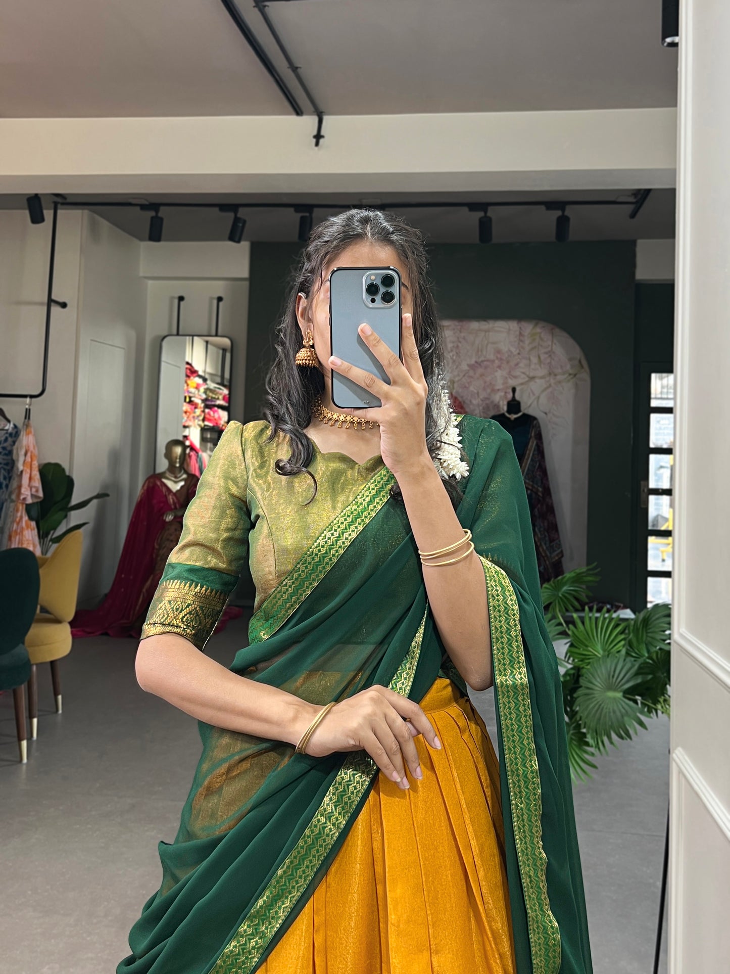 Crafted with Love, Adorned with Heritage – South Style Kanchipuram Silk Lehenga with Zari Weaving and Graceful Dupatta