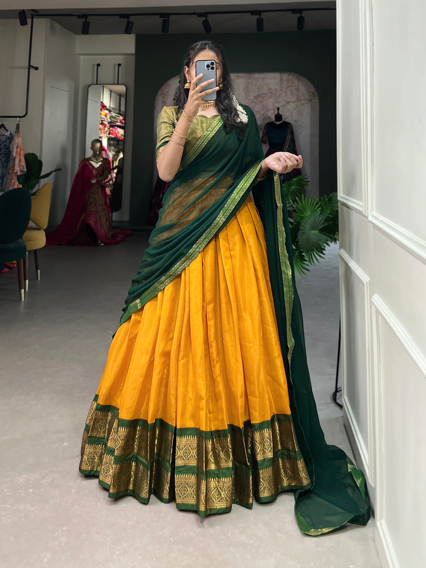 Crafted with Love, Adorned with Heritage – South Style Kanchipuram Silk Lehenga with Zari Weaving and Graceful Dupatta