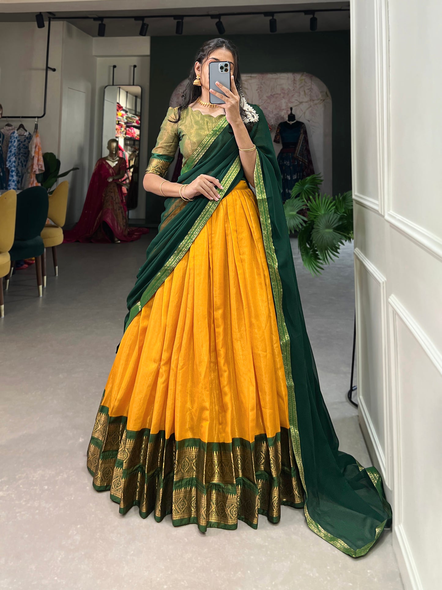 Crafted with Love, Adorned with Heritage – South Style Kanchipuram Silk Lehenga with Zari Weaving and Graceful Dupatta