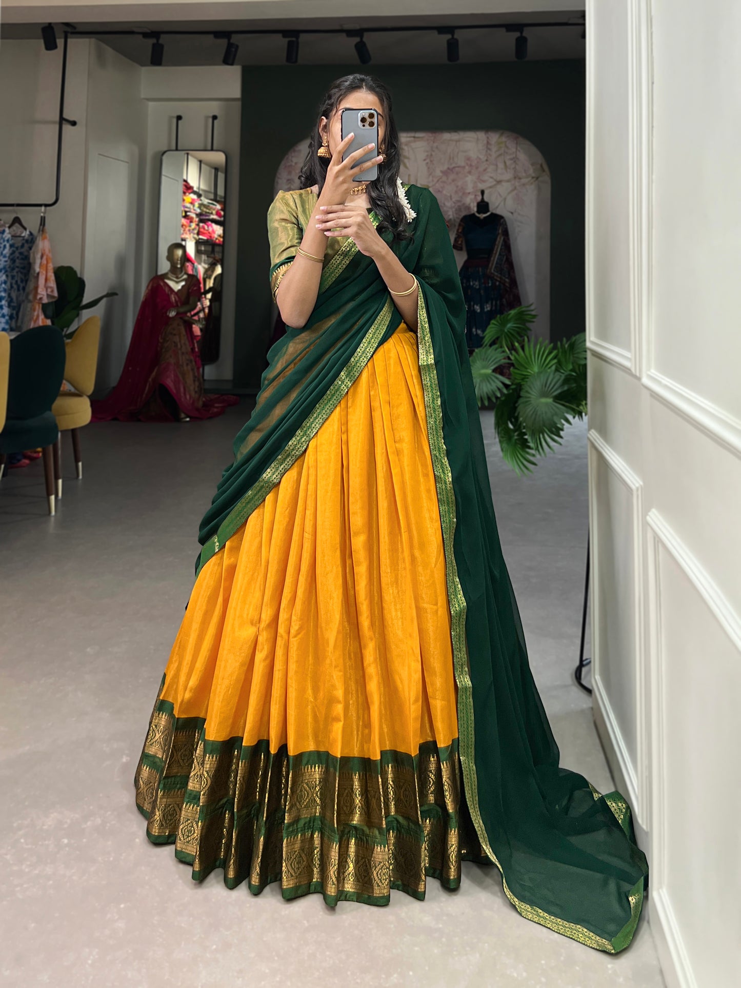 Crafted with Love, Adorned with Heritage – South Style Kanchipuram Silk Lehenga with Zari Weaving and Graceful Dupatta