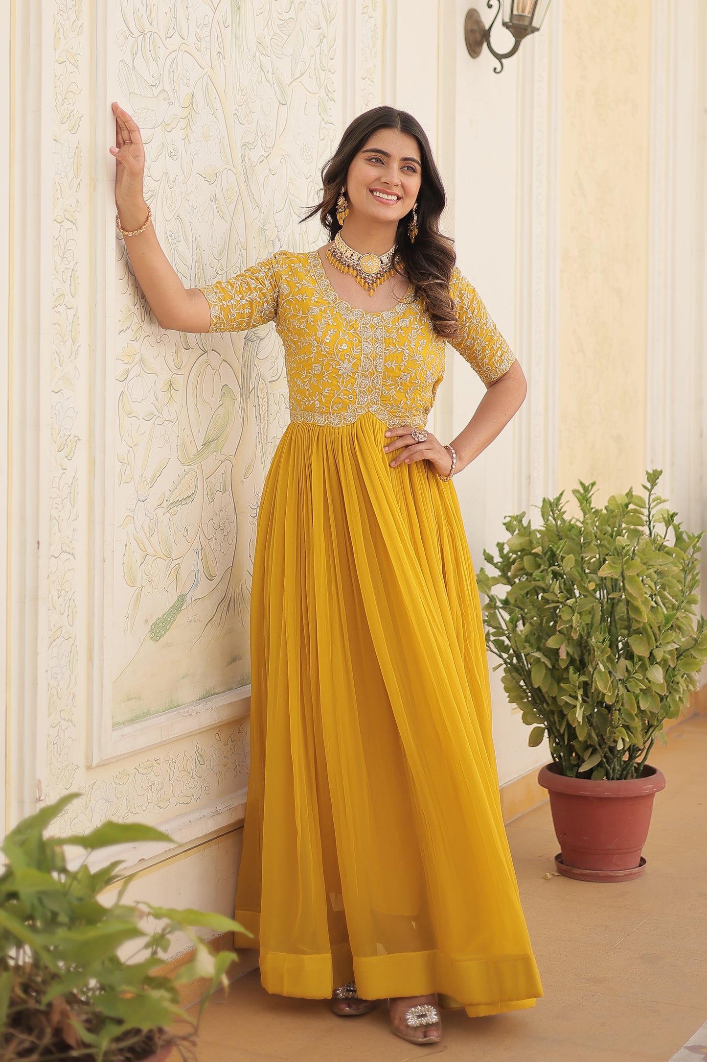 Elegant Georgette Embroidered Gown – Zari & Sequins Work