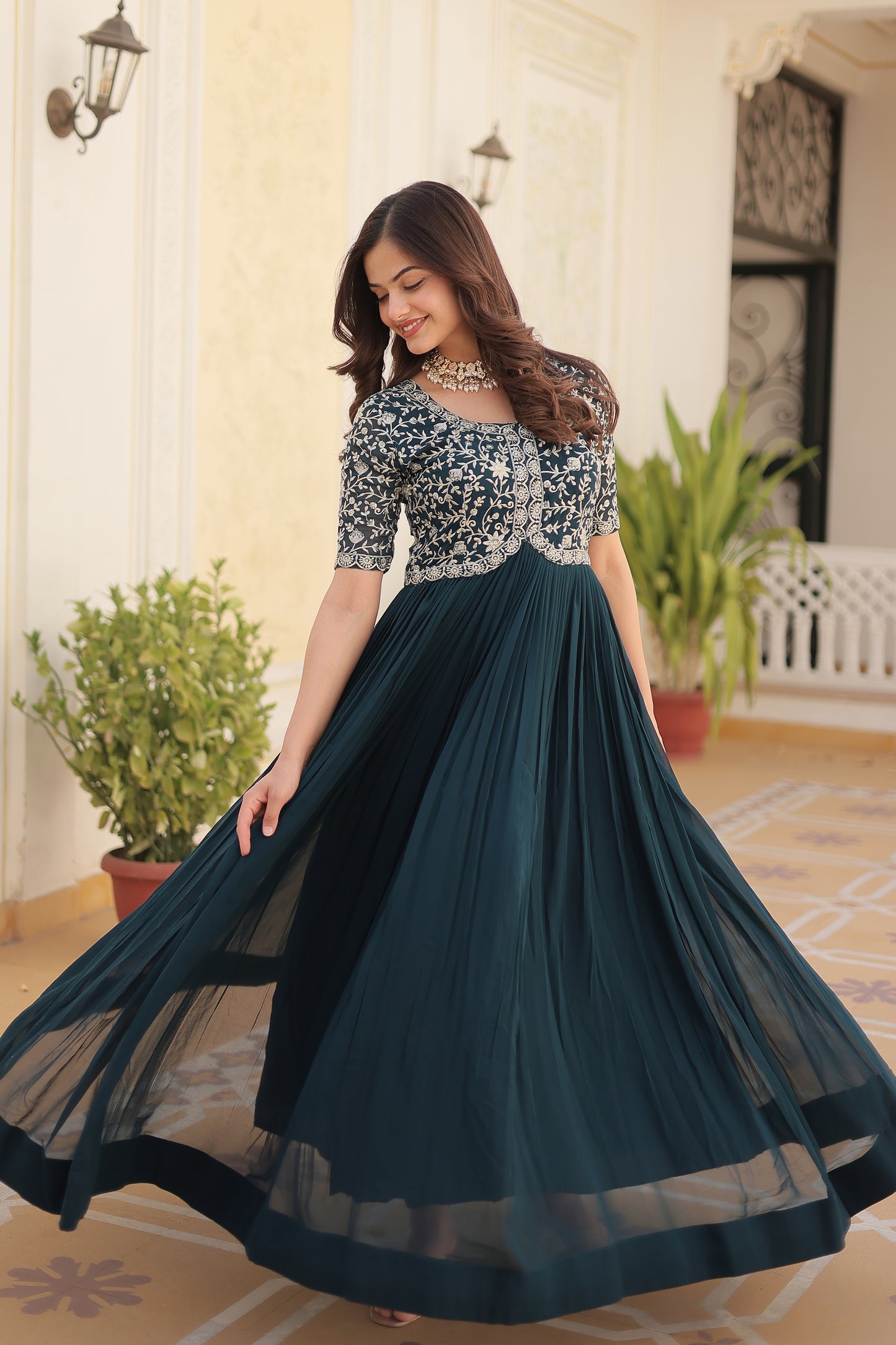 Elegant Georgette Embroidered Gown – Zari & Sequins Work