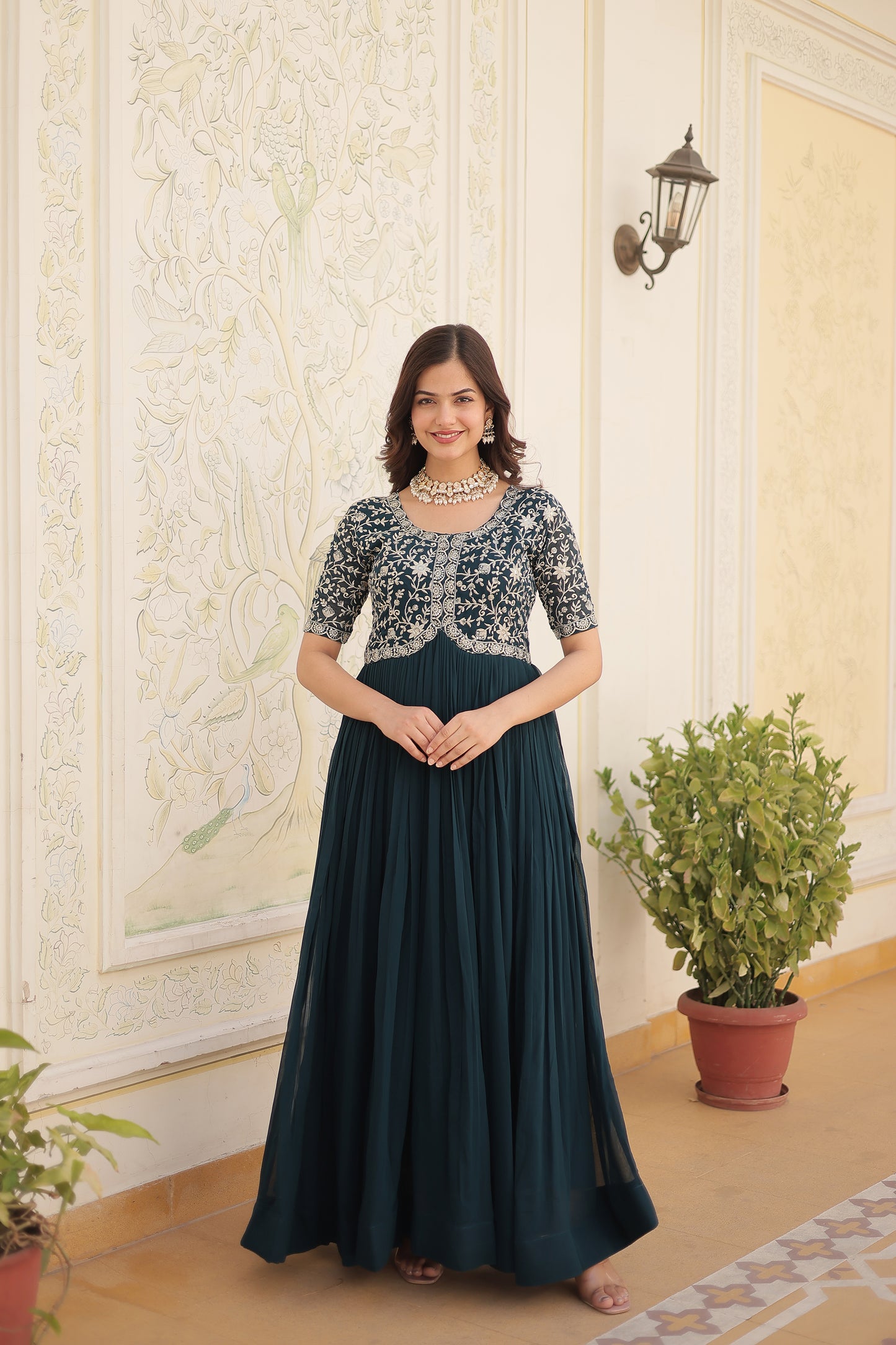 Elegant Georgette Embroidered Gown – Zari & Sequins Work