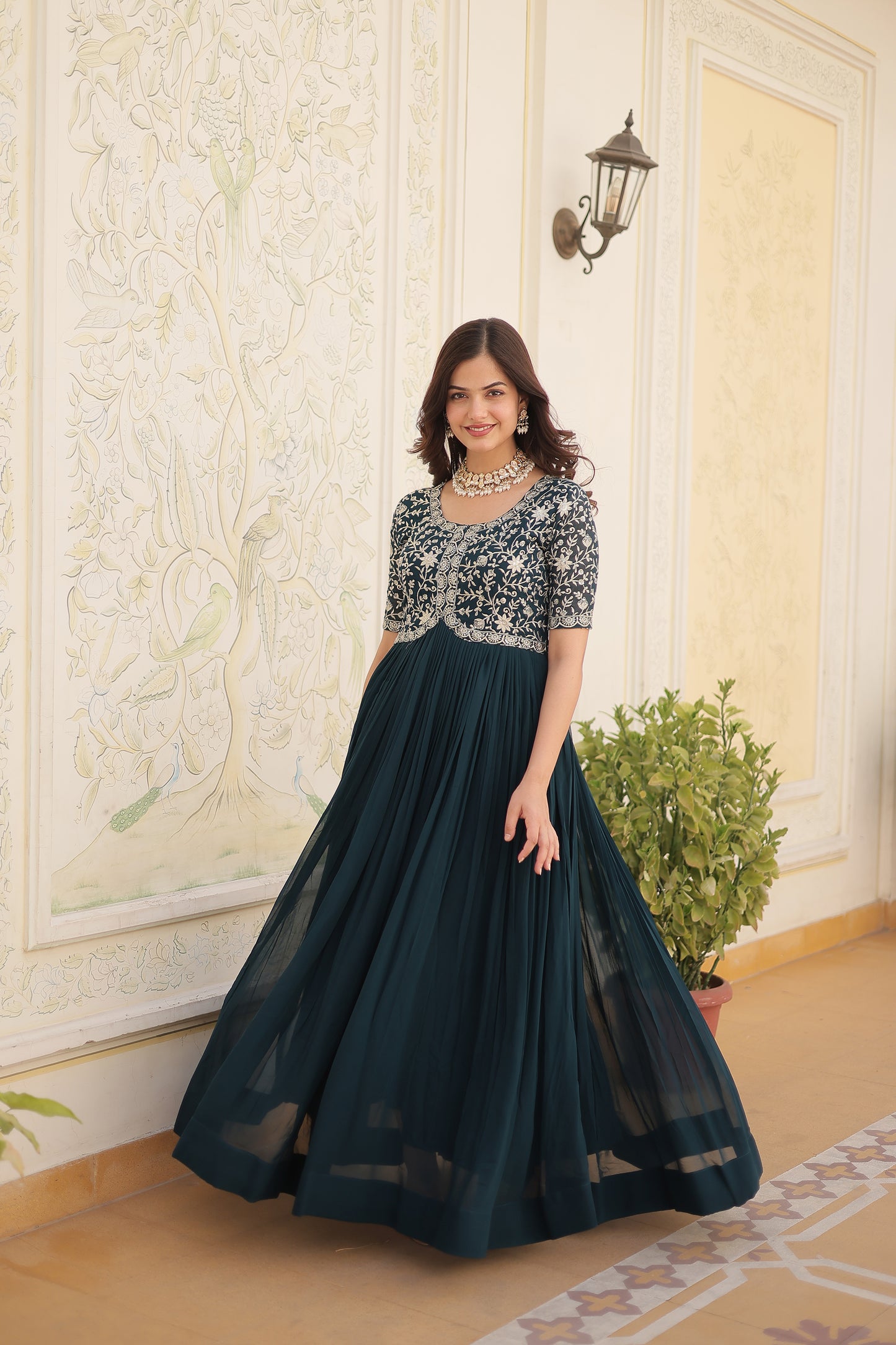 Elegant Georgette Embroidered Gown – Zari & Sequins Work