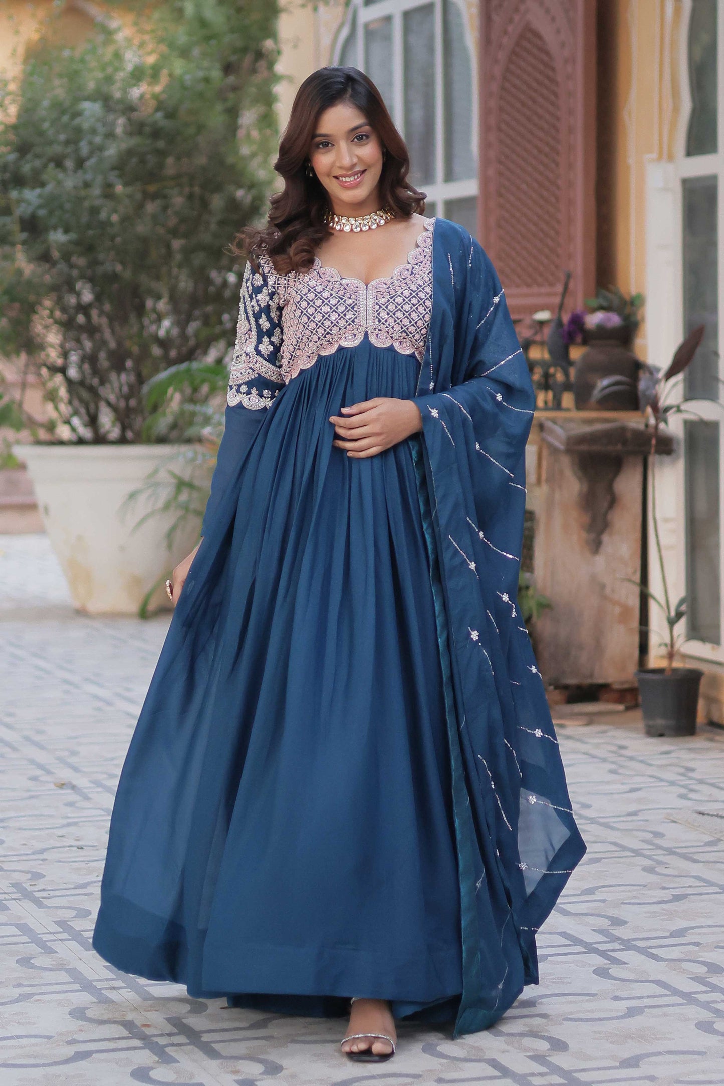 Premium Designer Readymade Gown with Dupatta – Star Georgette & Embroidery Bead Sequins Work