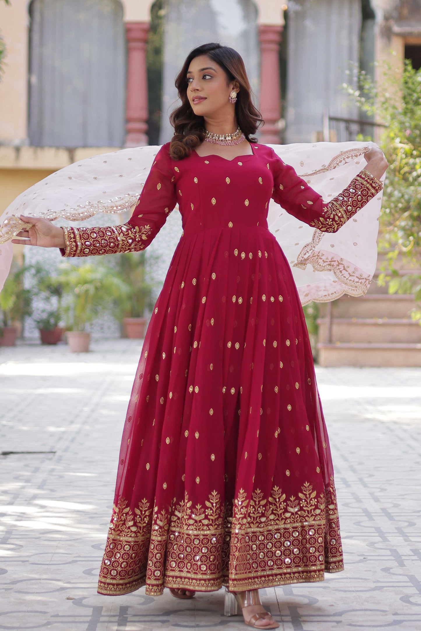 Premium Designer Readymade Gown with Dupatta – Zari & Sequin Embroidery, Cutwork Dupatta
