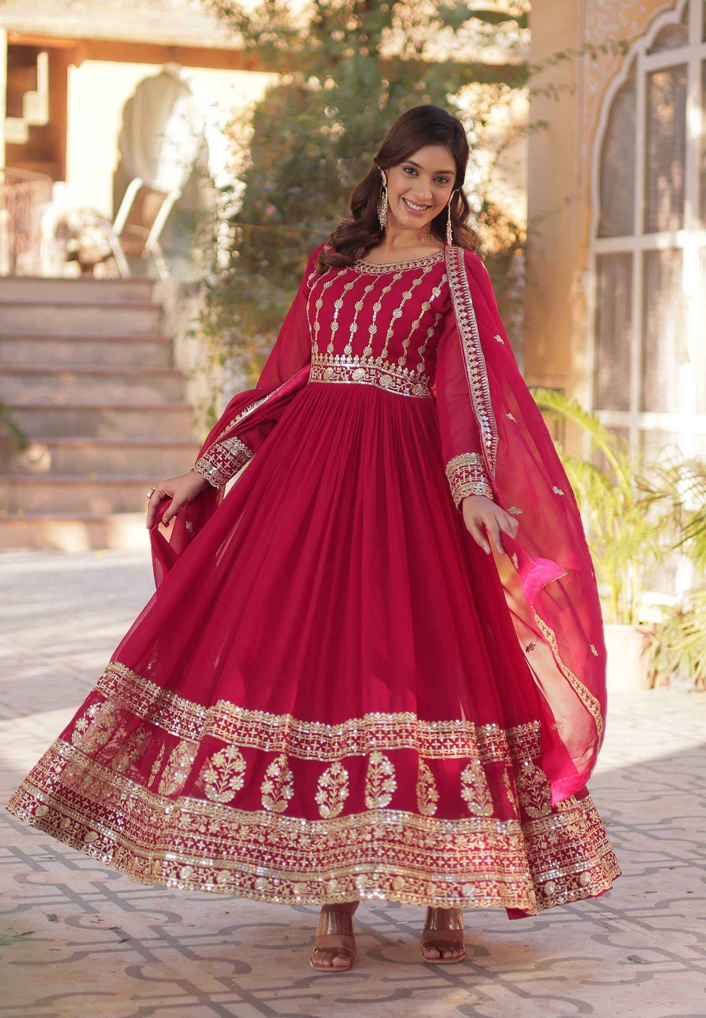 Premium Designer Readymade Gown with Dupatta – Zari & Sequins Embroidery