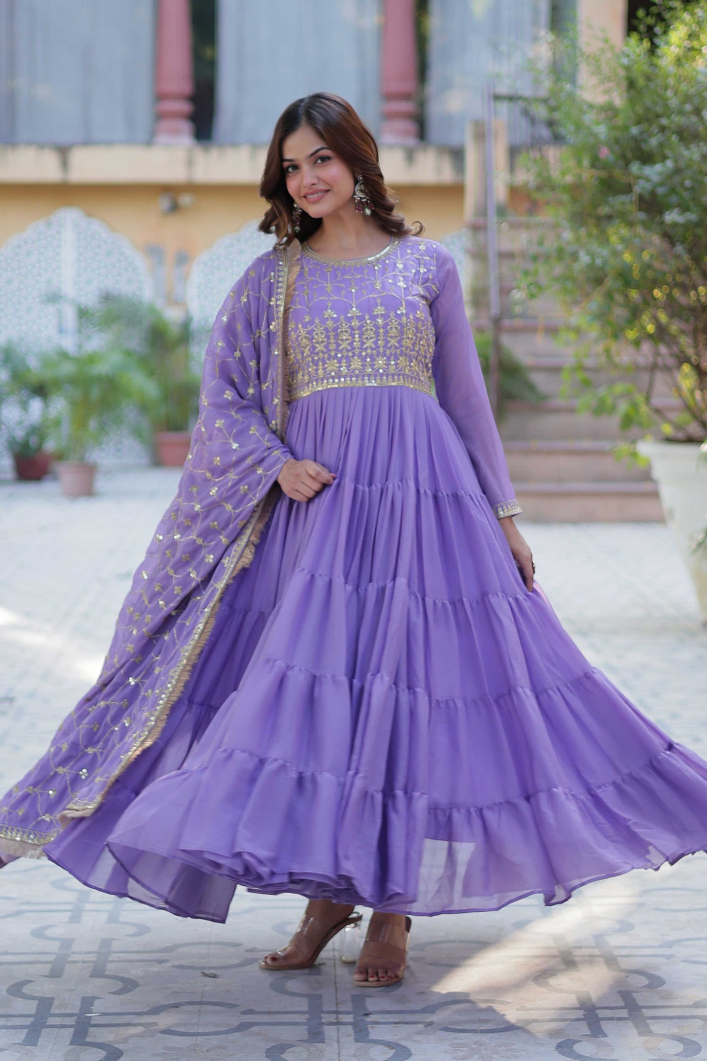 Women's Fully Flared Star Georgette Gown with Embroidered Dupatta – 15-Meter Flair & 5-Layer Frill Stitching