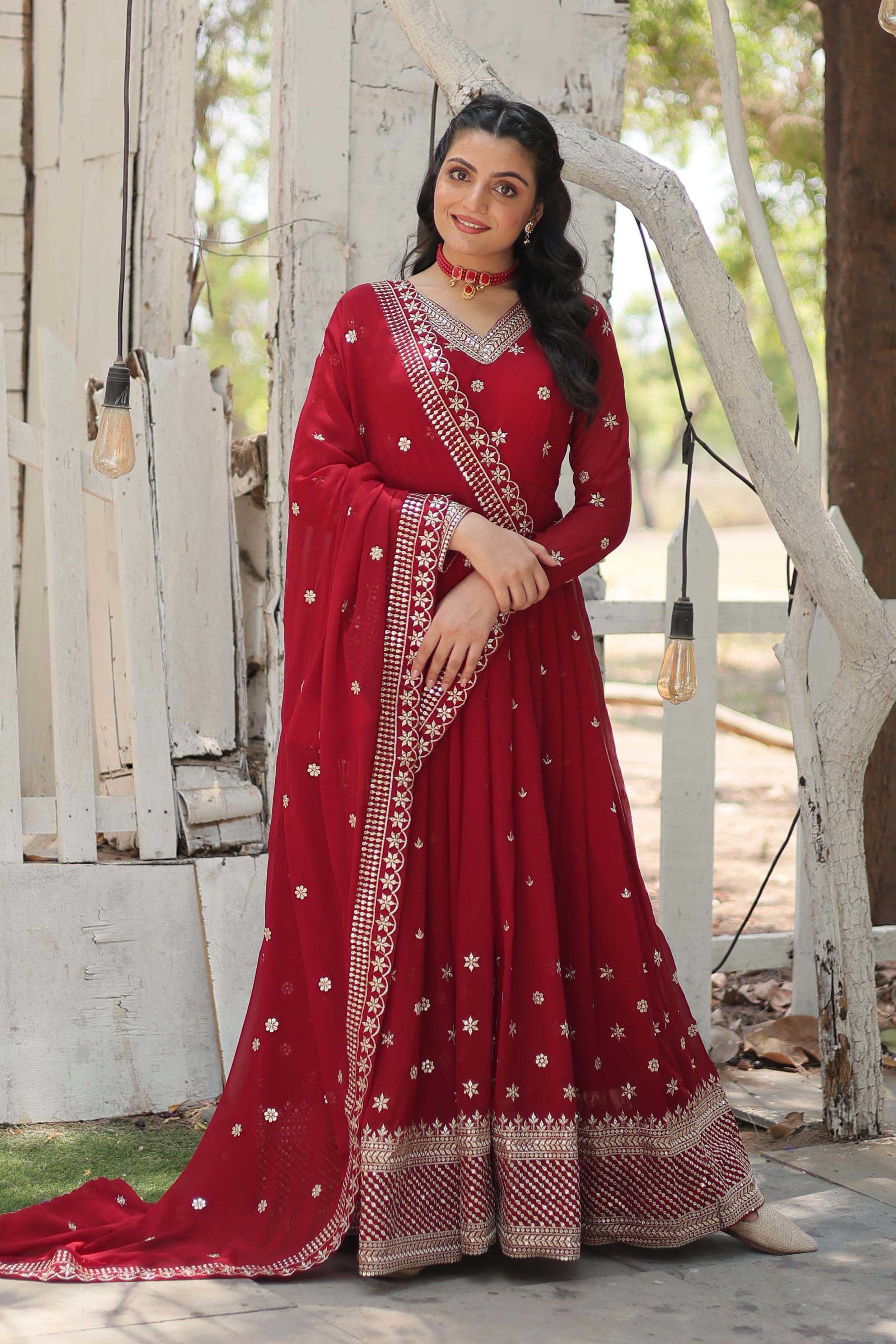 Women’s Floral Embroidered Pleated Sequins Kurta with Churidar & Dupatta – Faux Blooming Fabric