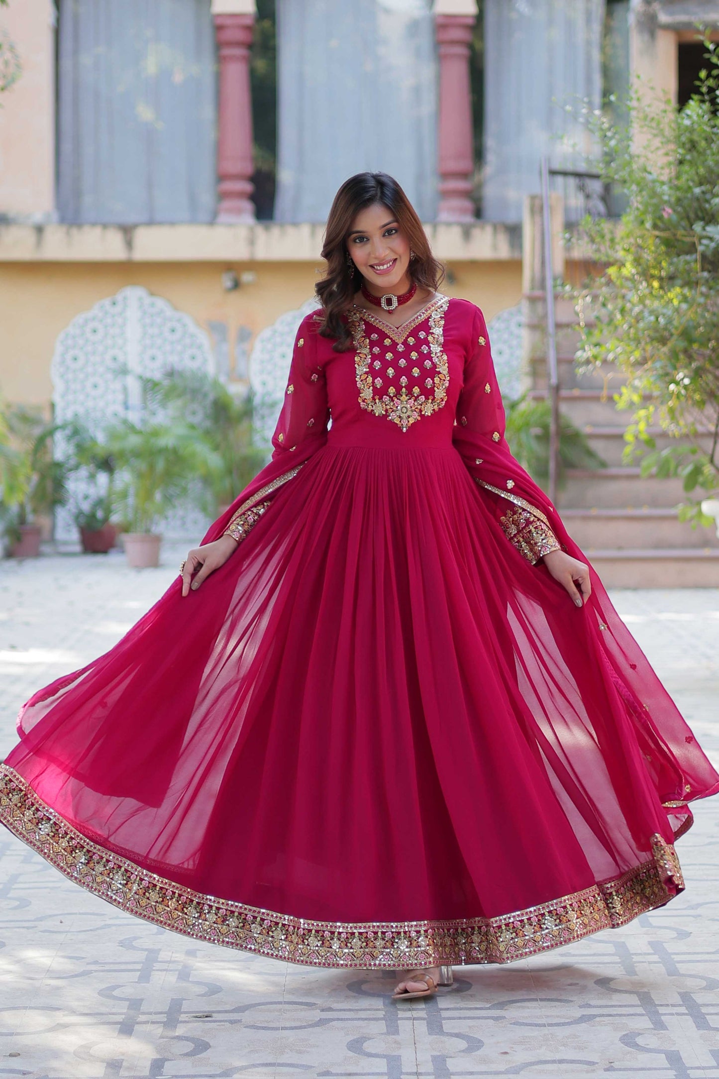 Elegant Faux Blooming Georgette Gown with Dupatta – Rich Sequins Embroidery & Lace Border